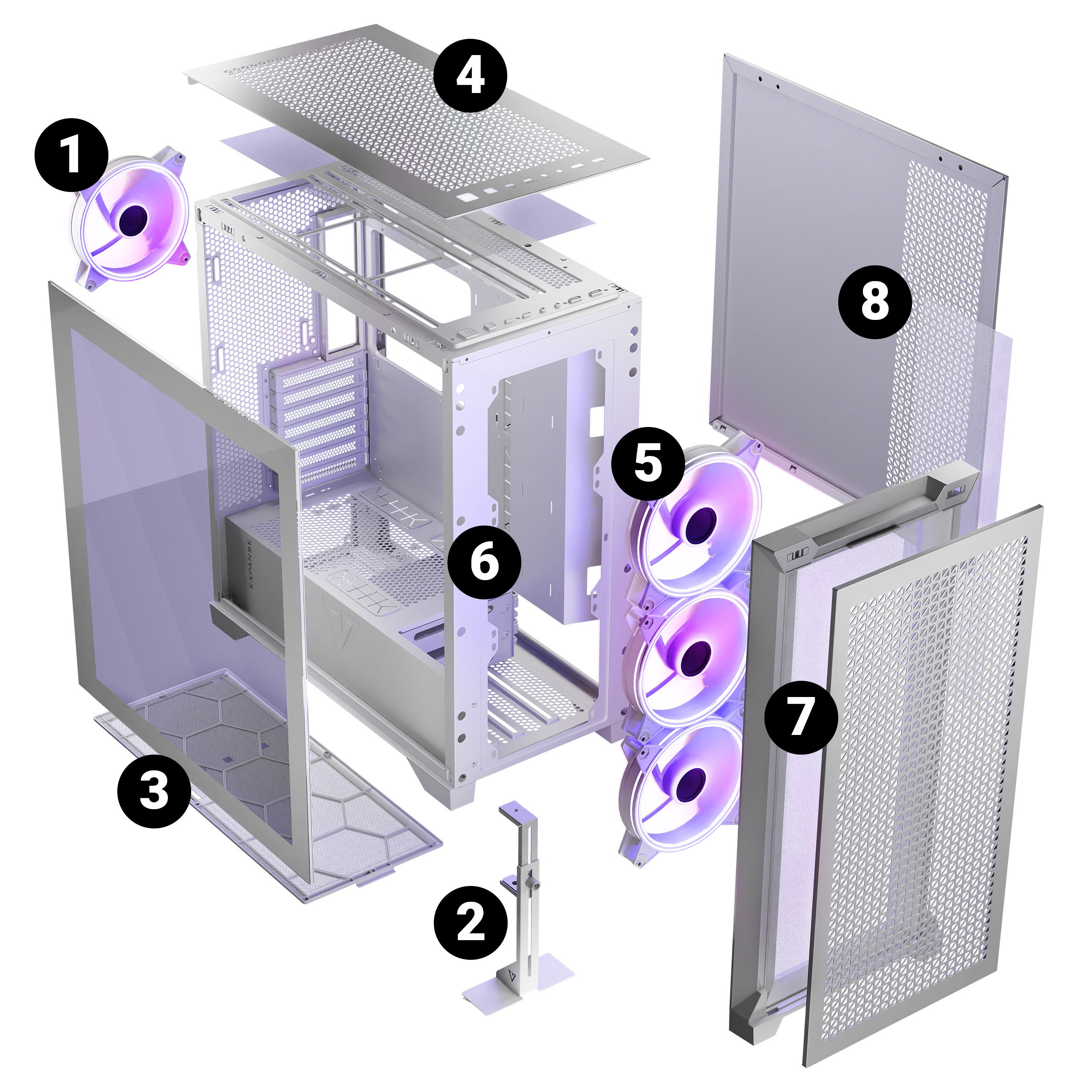 Widok rozstrzelony białej obudowy komputera z ponumerowanymi komponentami i fioletowymi akcentami.