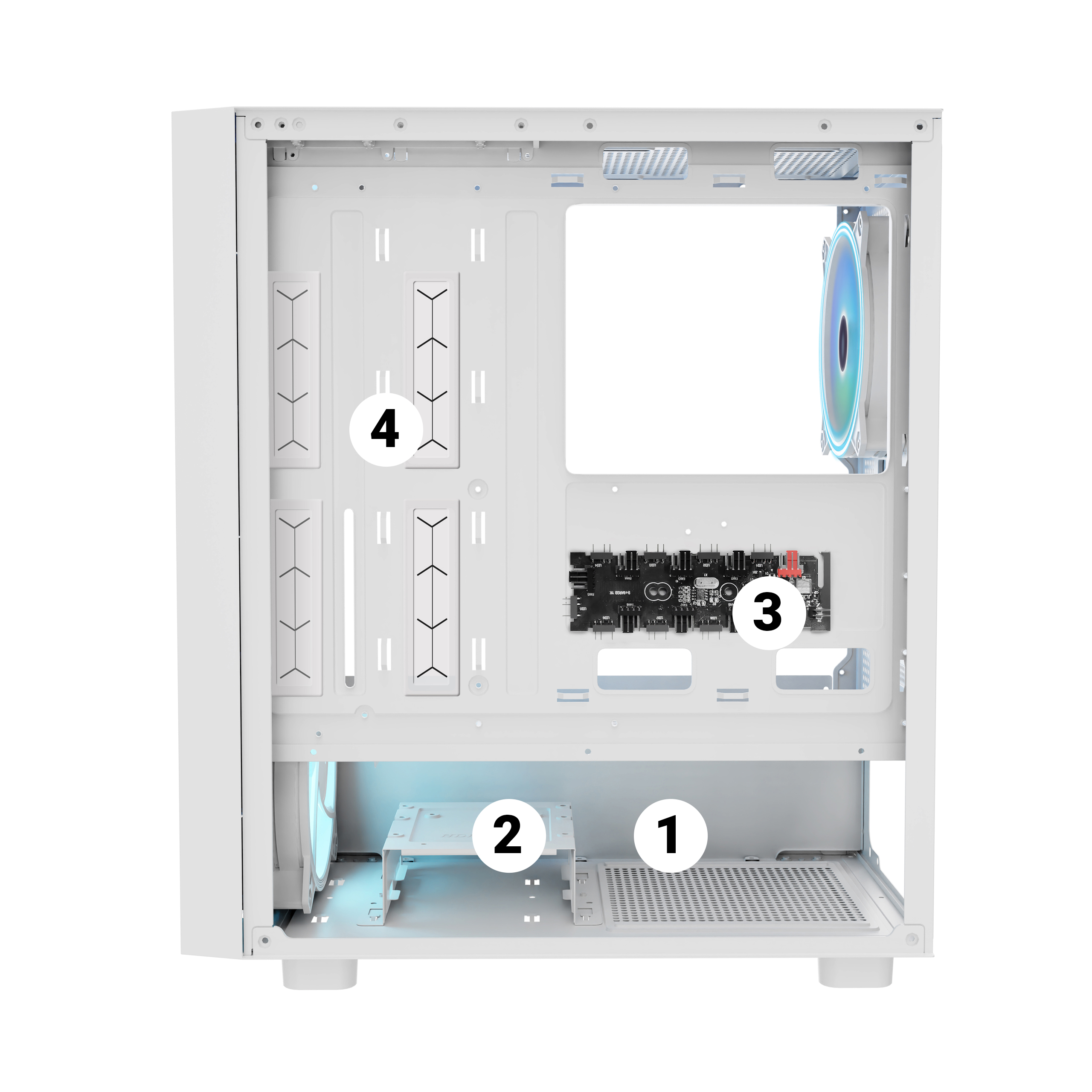 Wnętrze białej obudowy komputera z oznaczonymi sekcjami. Zawiera wentylator i obszary montażowe.