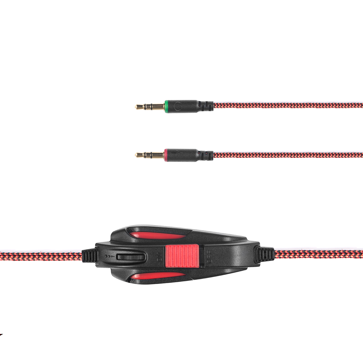 Dwa kable audio ze złączami i suwakiem regulacji głośności, białe tło.
