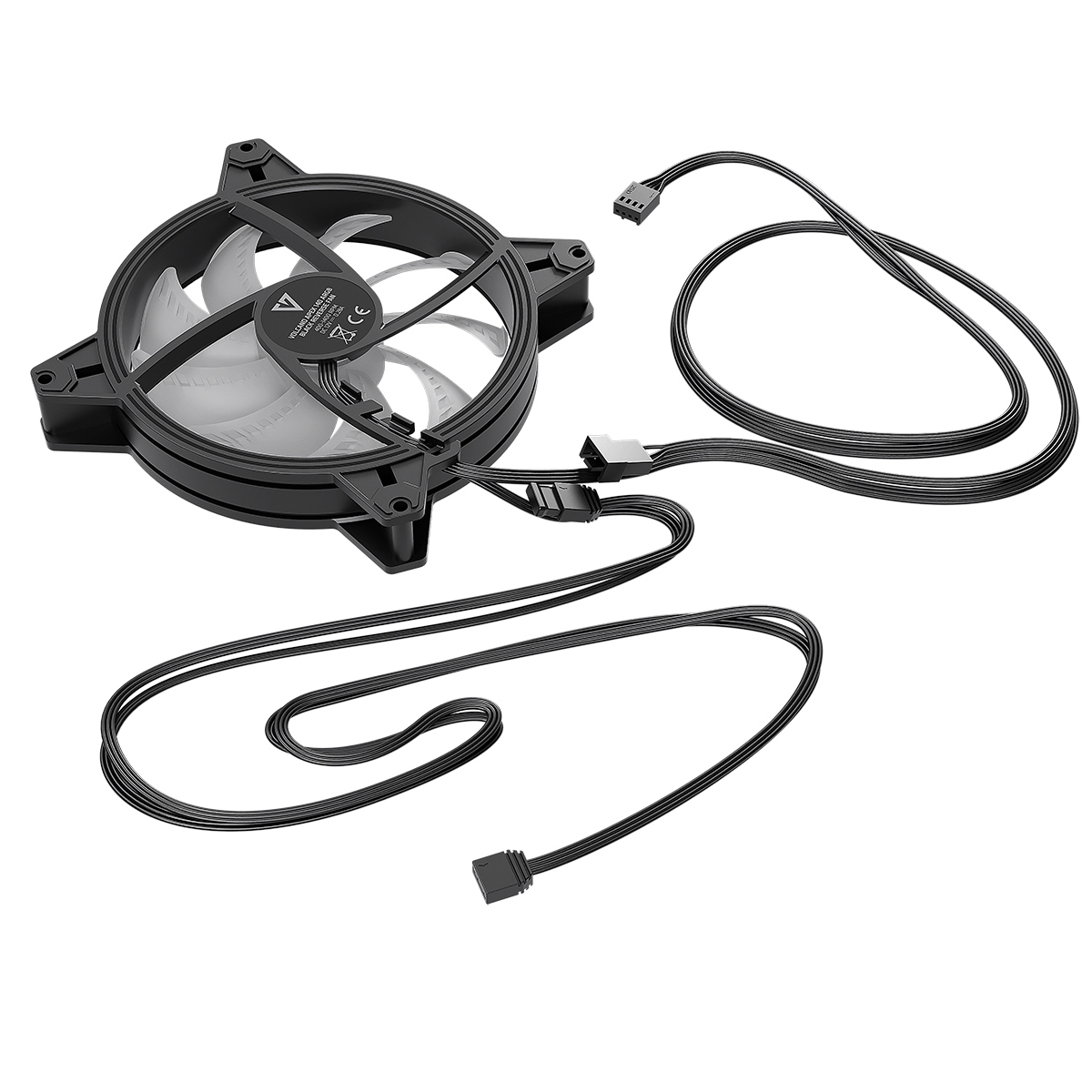 Czarny wentylator komputerowy z szarymi łopatkami i kablami na białym tle.