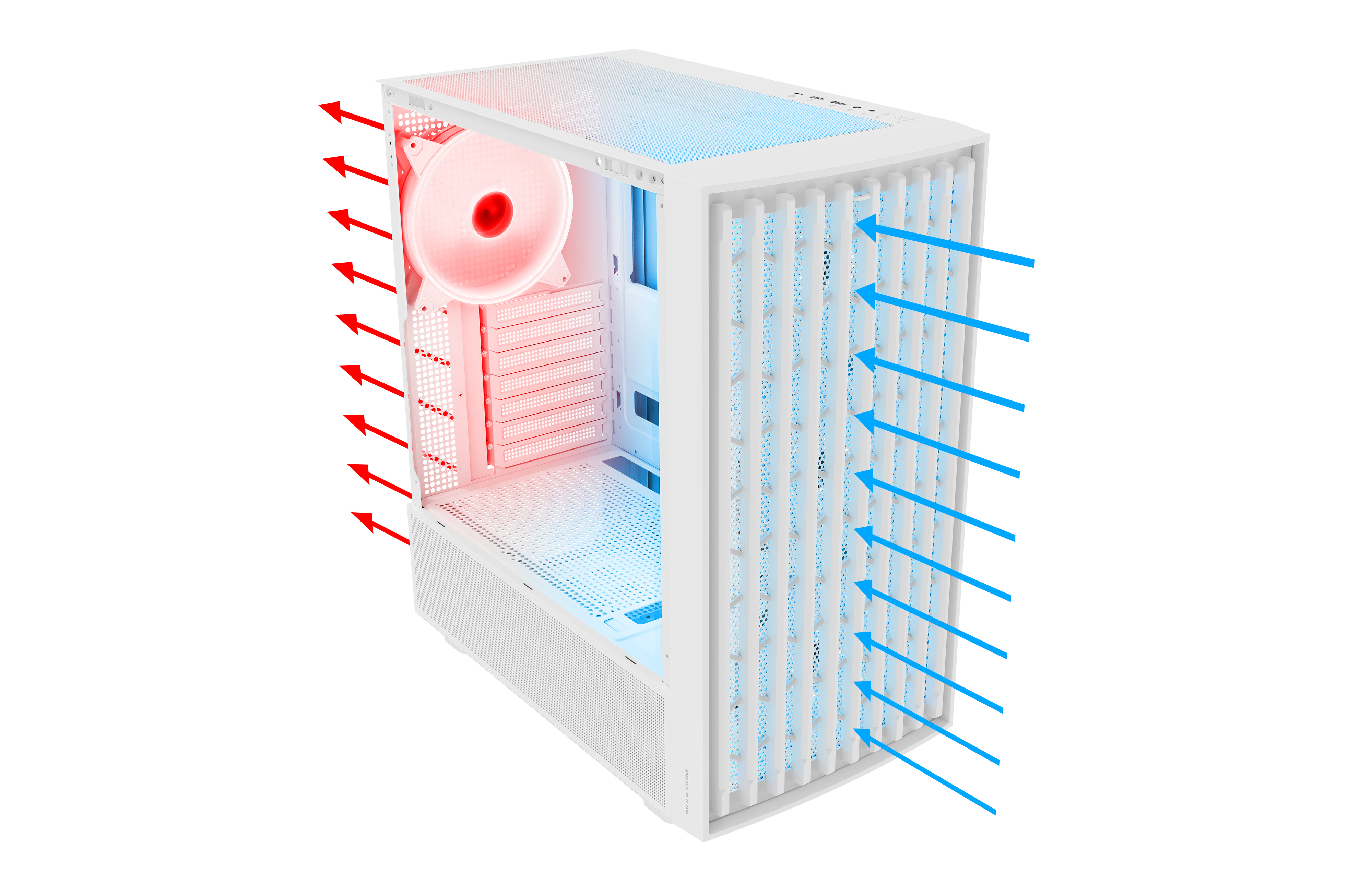 Biała obudowa komputera ze strzałkami wskazującymi kierunek przepływu powietrza, od przodu do tyłu.