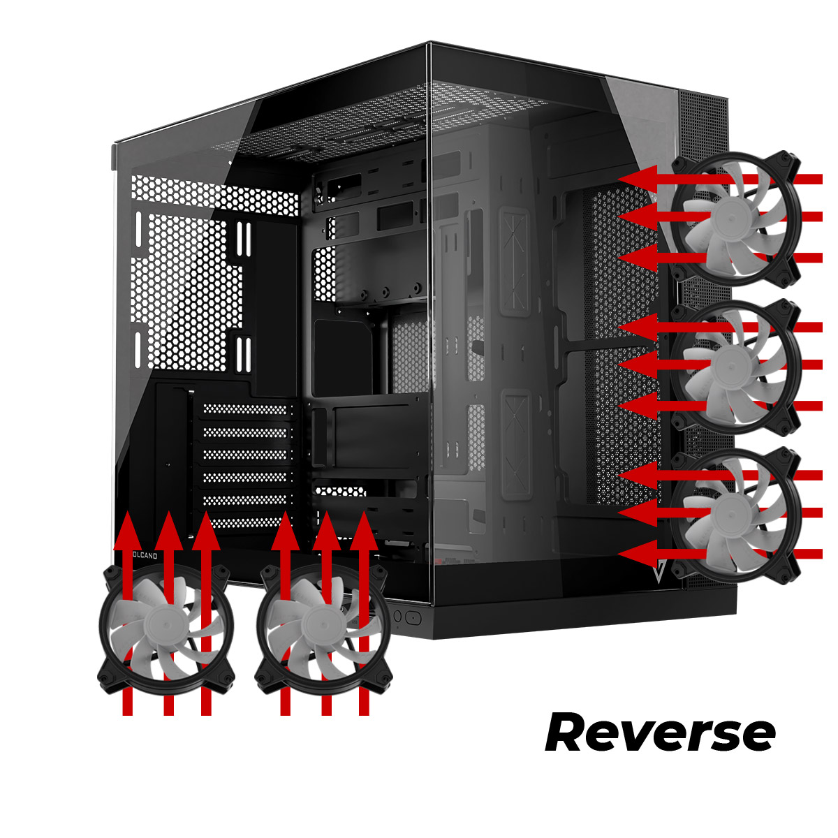 Czarna obudowa komputera z wentylatorami. Strzałki wskazują odwrócony przepływ powietrza. Tekst 'Reverse' na dole.