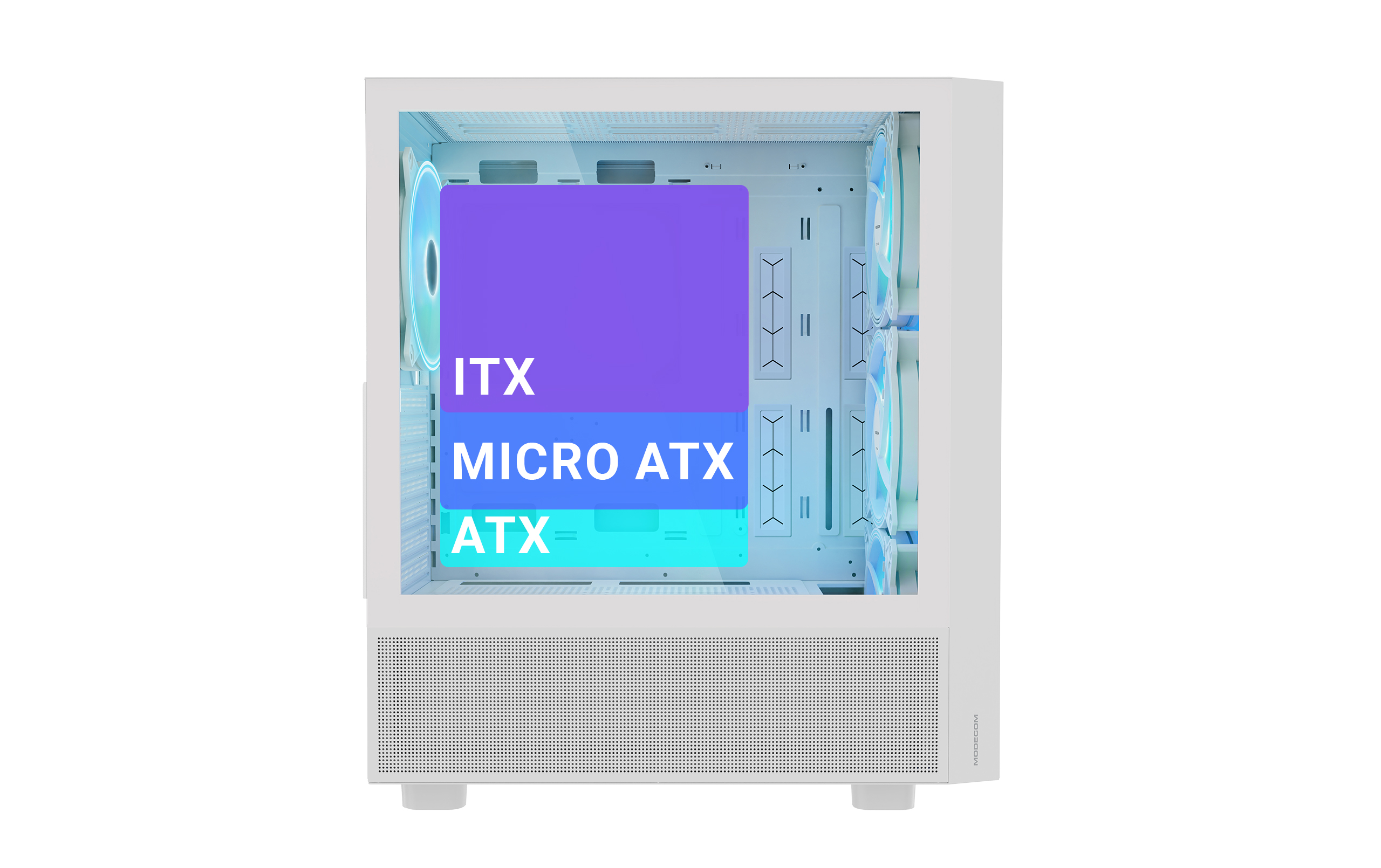 Wnętrze białej obudowy komputera z etykietami: ITX, Micro ATX i ATX. Białe tło.