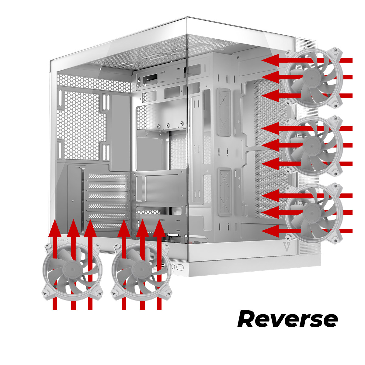 Biała obudowa komputera ze strzałkami wskazującymi kierunek przepływu powietrza zwrotnego, z wentylatorami.