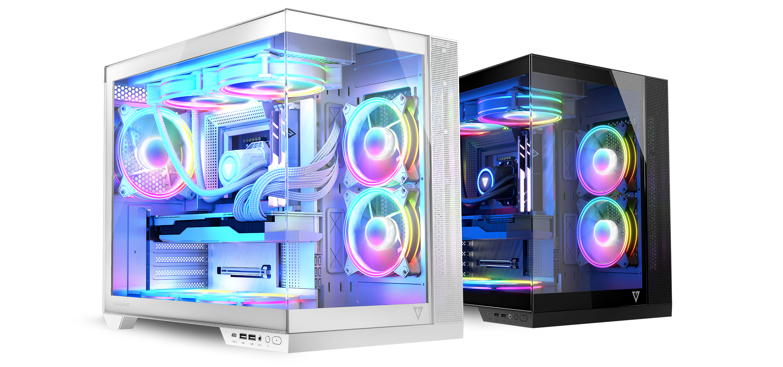 Dwie obudowy PC, jedna biała, druga czarna, z wentylatorami RGB i oświetleniem bocznym. Białe tło.