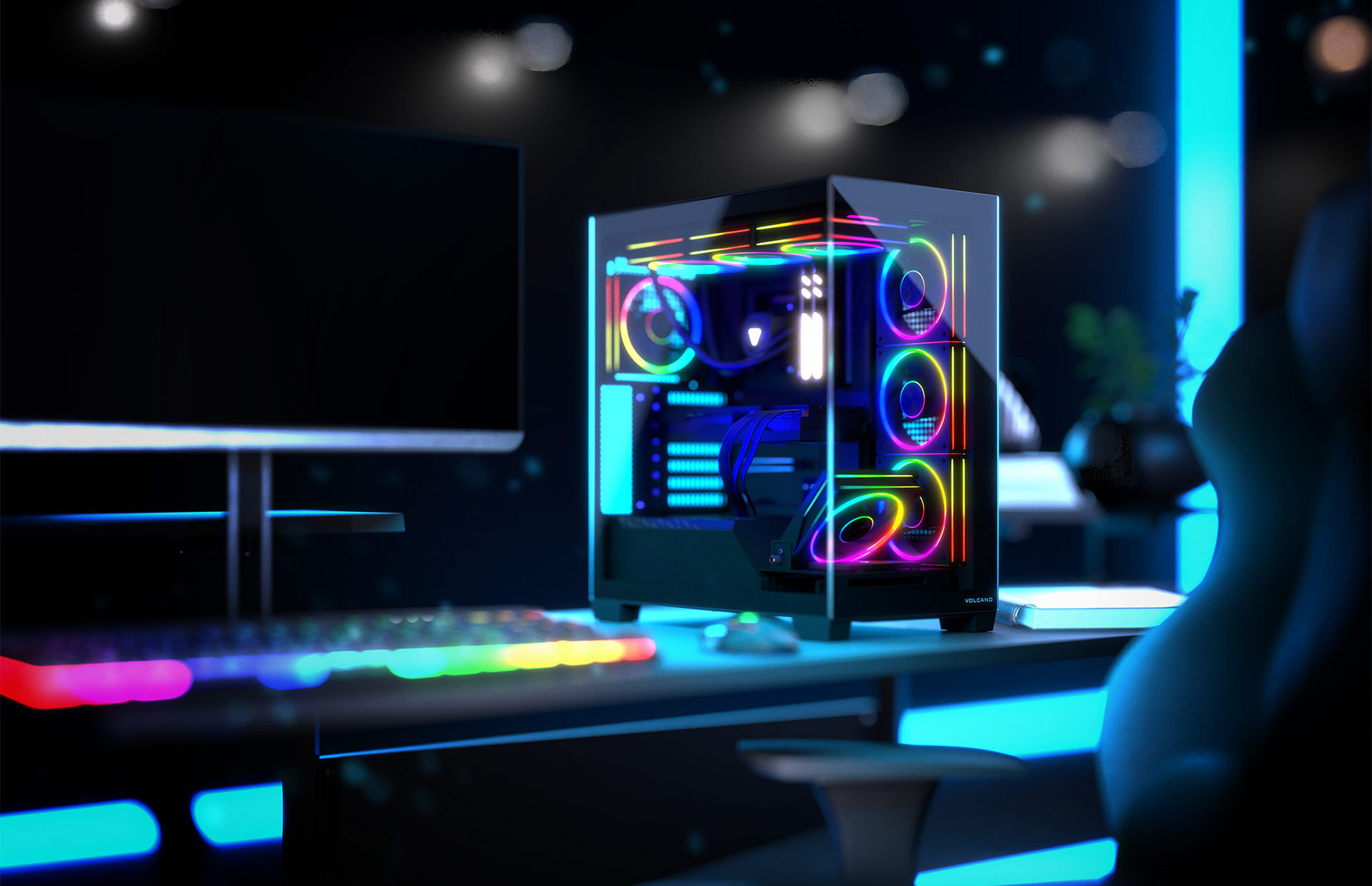 Obudowa PC na biurku z oświetleniem RGB. Monitor i klawiatura w tle. Miękkie skupienie.