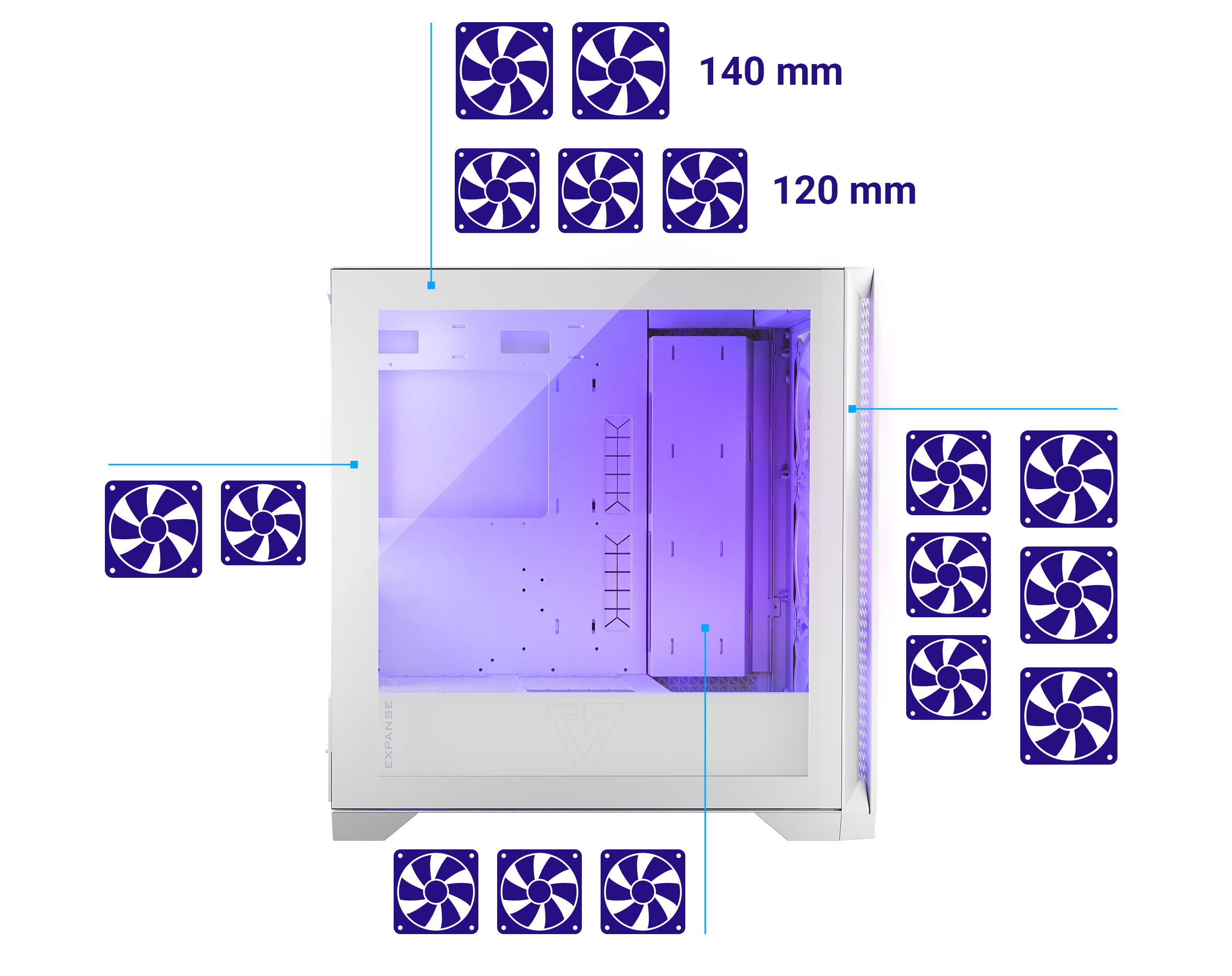 Obudowa komputera ze schematami rozmieszczenia wentylatorów. Pokazuje różne rozmiary i pozycje wentylatorów.