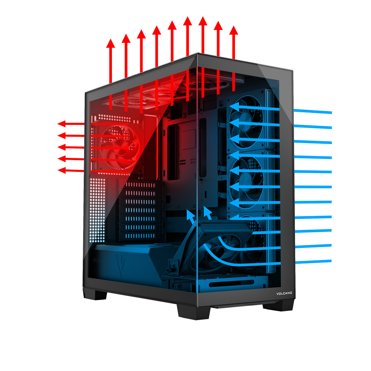 Obudowa komputera ze strzałkami przepływu powietrza w kolorze czerwonym i niebieskim. Czerwony dla gorącego powietrza na zewnątrz, niebieski dla chłodnego powietrza do wewnątrz.