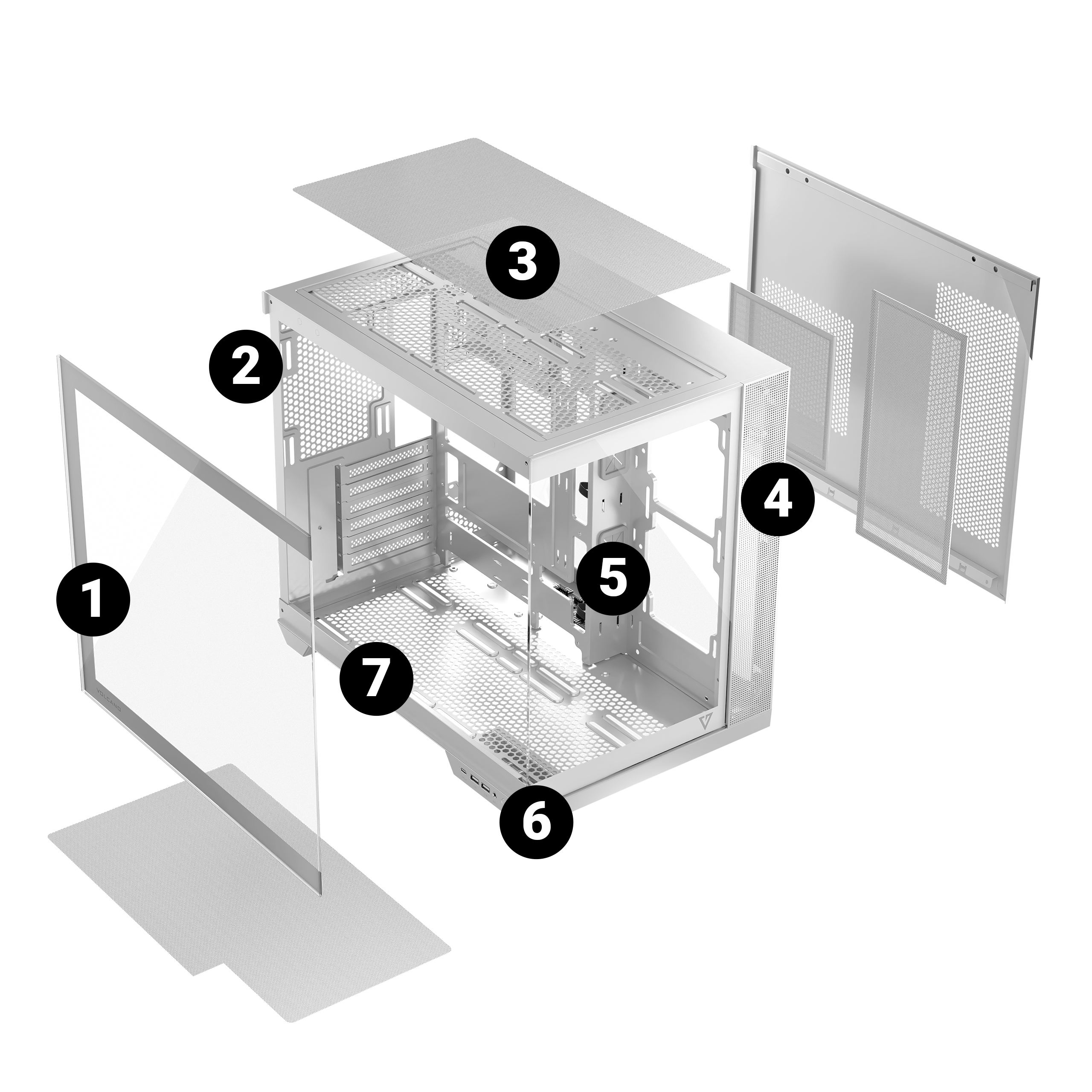 Widok rozstrzelony białej obudowy komputera, pokazujący ponumerowane elementy. Białe tło.
