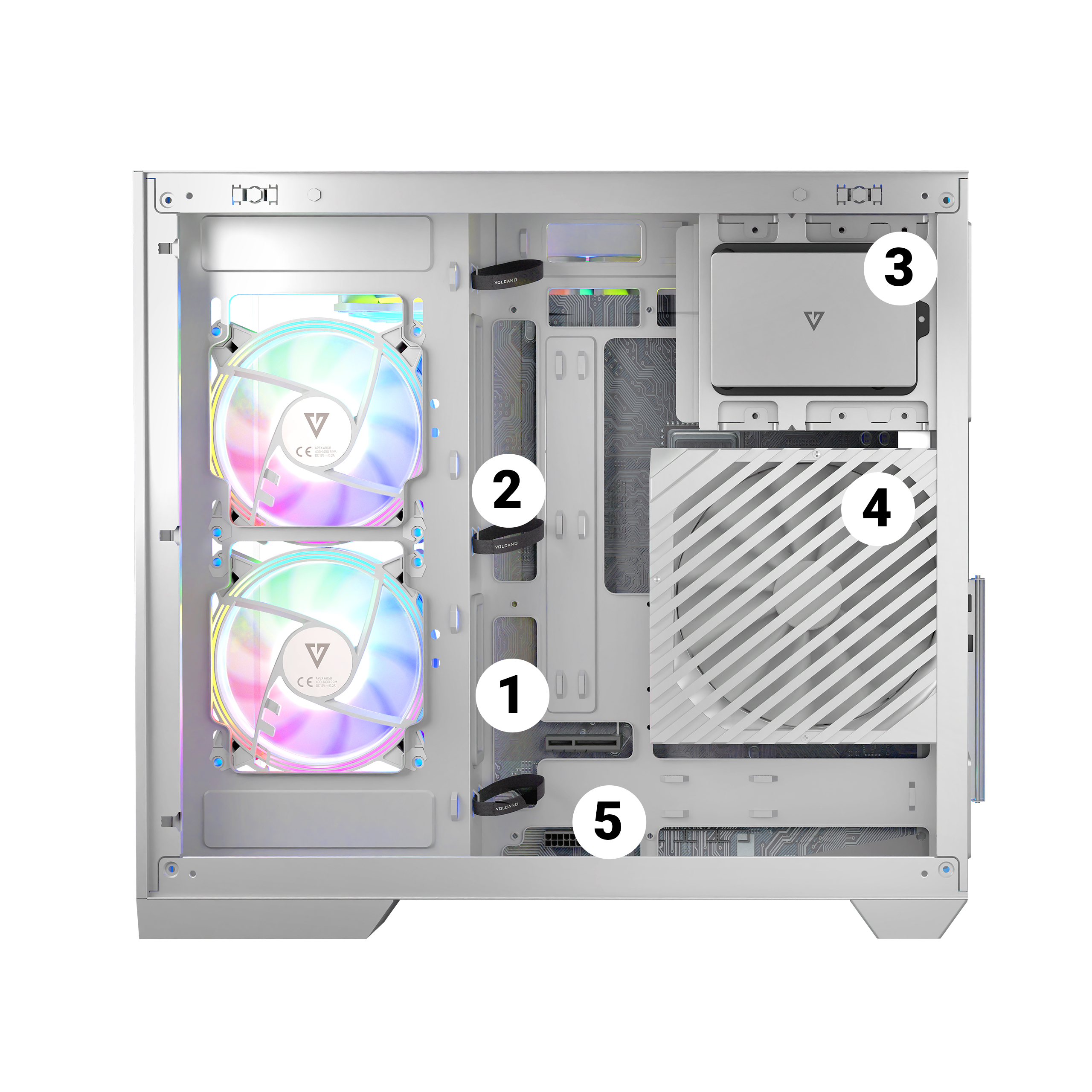 Wnętrze białej obudowy komputera, pokazujące kluczowe części z ponumerowanymi etykietami.