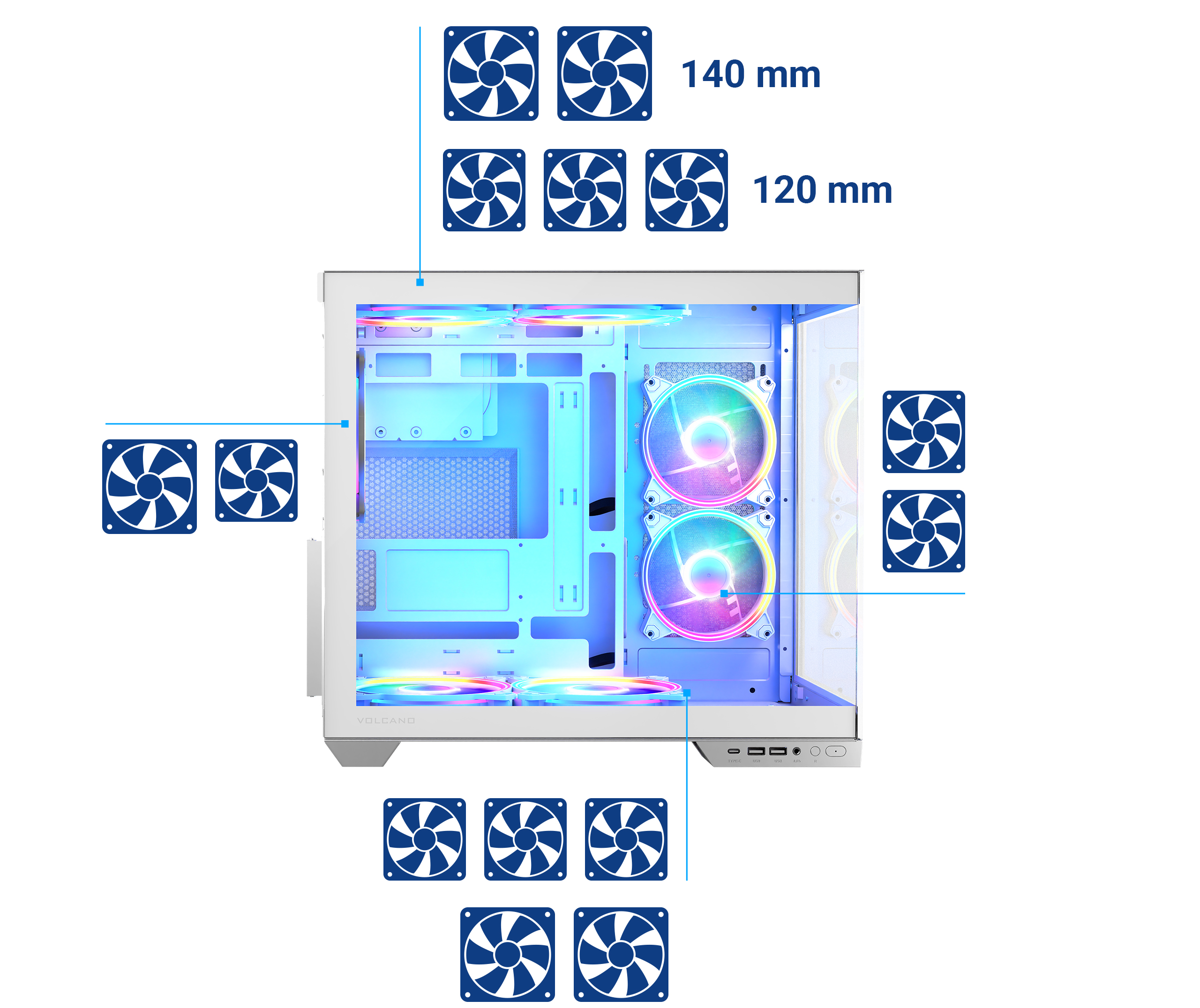 Biała obudowa komputera z opcjami rozmieszczenia wentylatorów i rozmiarami w niebieskim tekście.