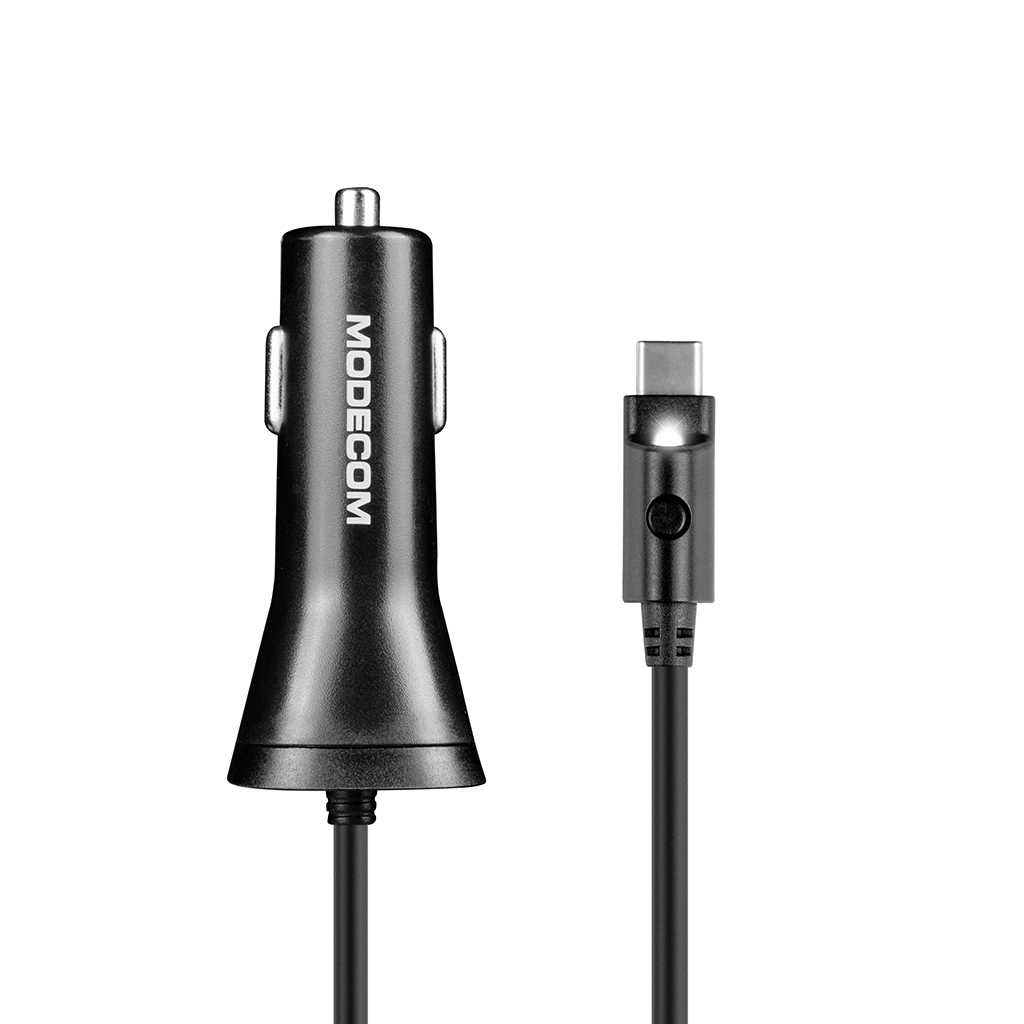 Czarny adapter ładowarki samochodowej z logo Modecom i kablem ładującym USB-C. Białe tło.