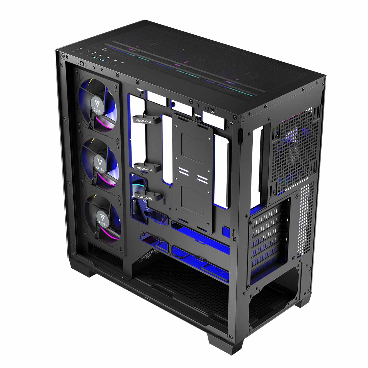 Obudowa komputera z otwartym bokiem. Widoczne trzy wentylatory. Obudowa jest czarna.