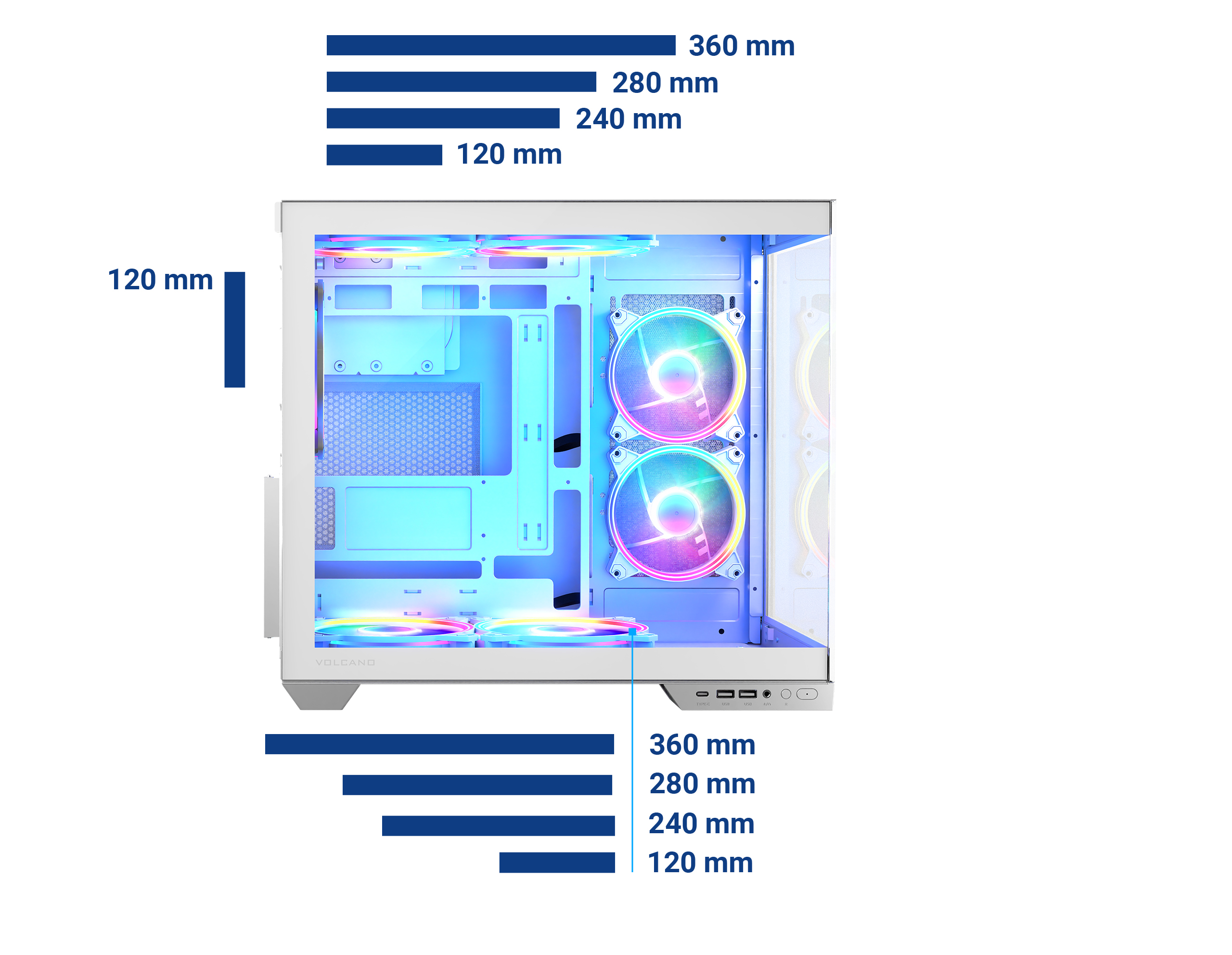 Biała obudowa komputera z wymiarami w milimetrach, oznaczonymi niebieskimi liniami.