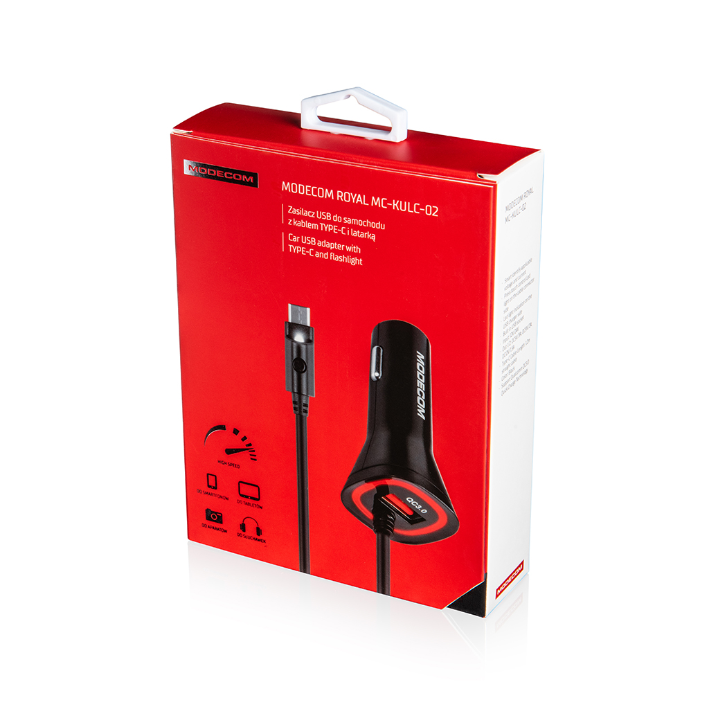 Czerwono-czarne pudełko z ładowarką samochodową MODECOM i kablem.