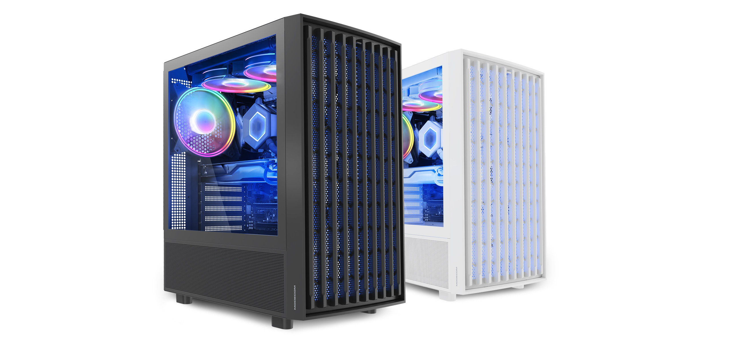 Czarne i białe obudowy komputerowe z niebieskimi światłami LED. Białe tło.