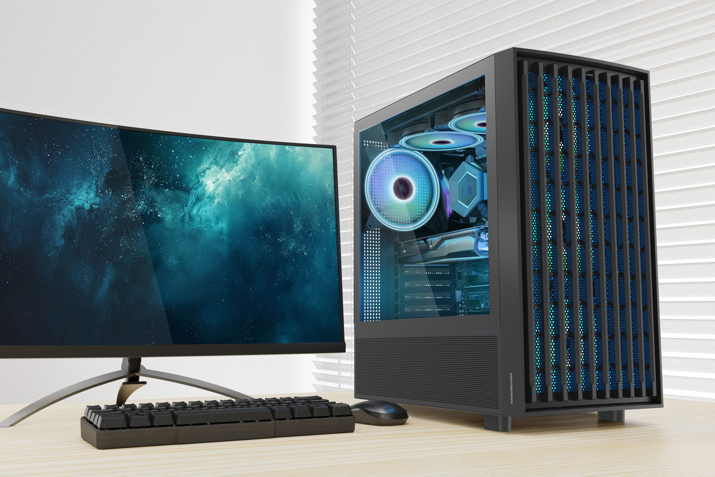 Konfiguracja do gier z zakrzywionym monitorem, klawiaturą, myszą i obudową komputera. Drewniany stół.