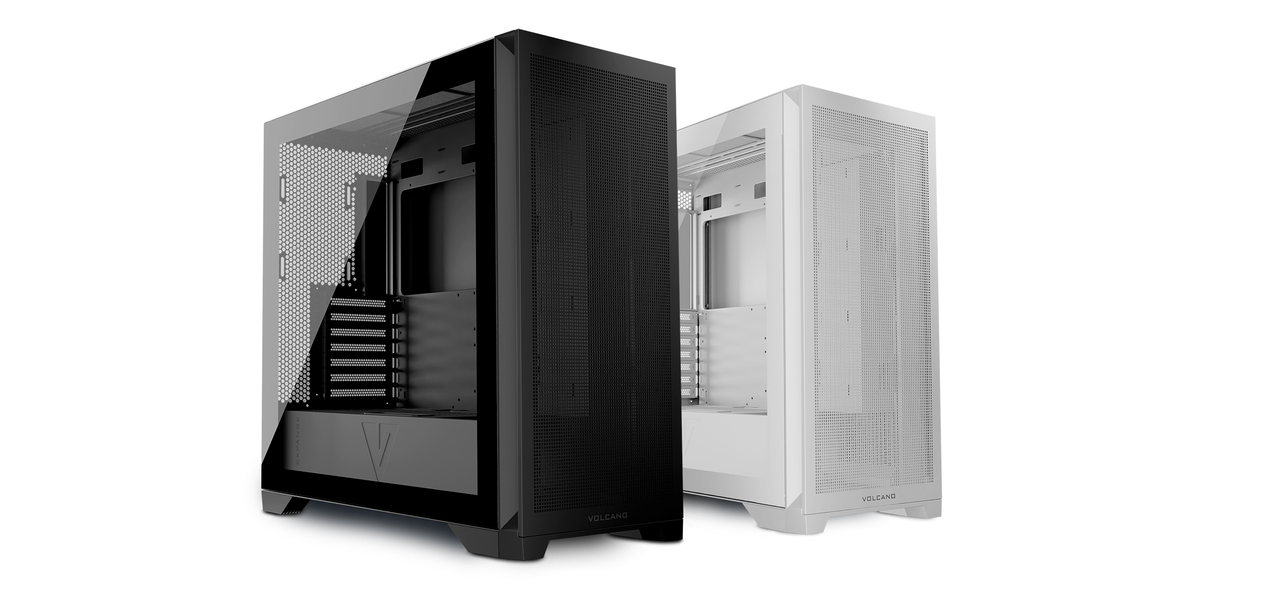 Dwie obudowy komputerowe, czarna i biała, z bocznymi panelami ze szkła. Białe tło.