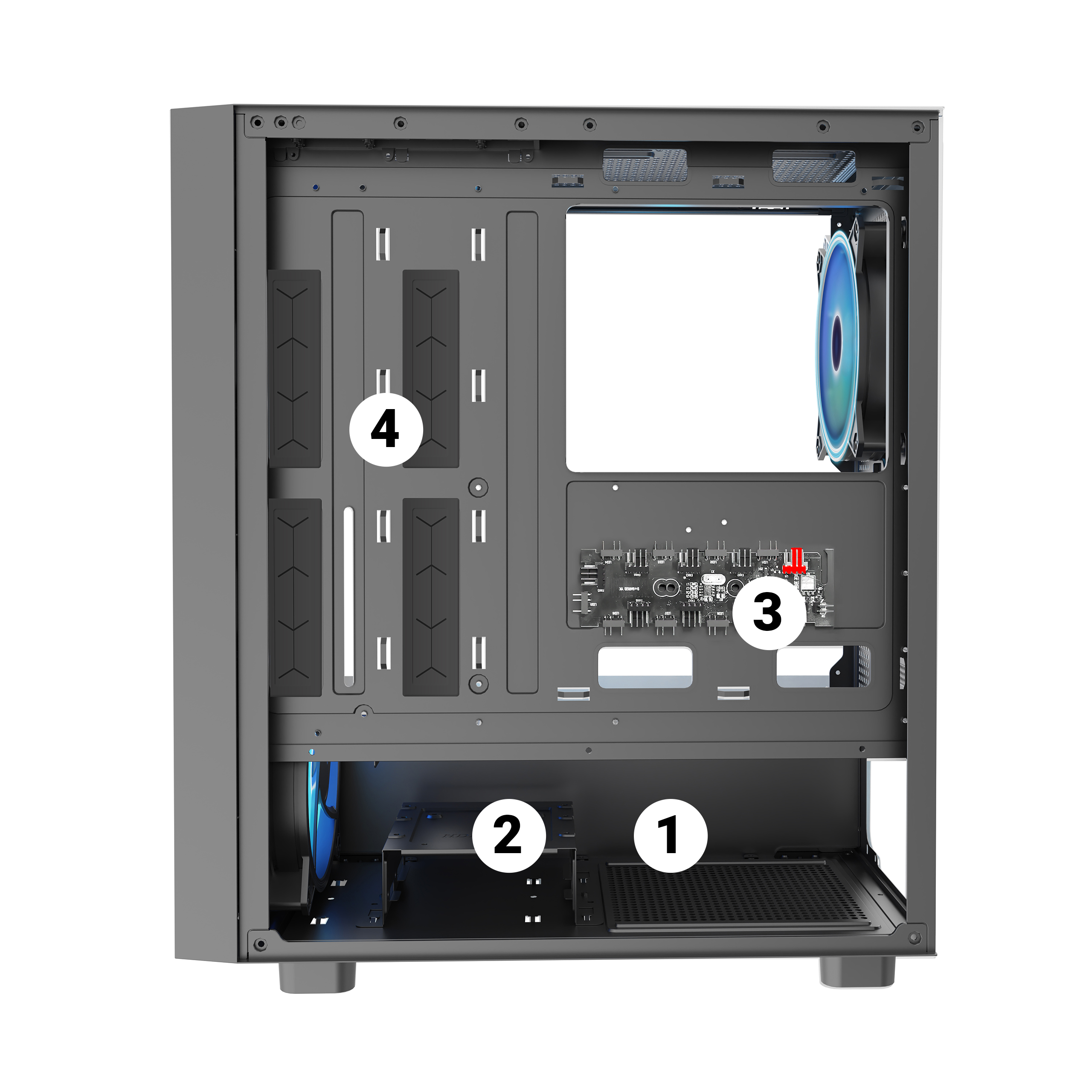 Wnętrze obudowy komputera z ponumerowanymi komponentami: 1-HDD, 2-uchwyt HDD, 3-płyta główna, 4-SSD.