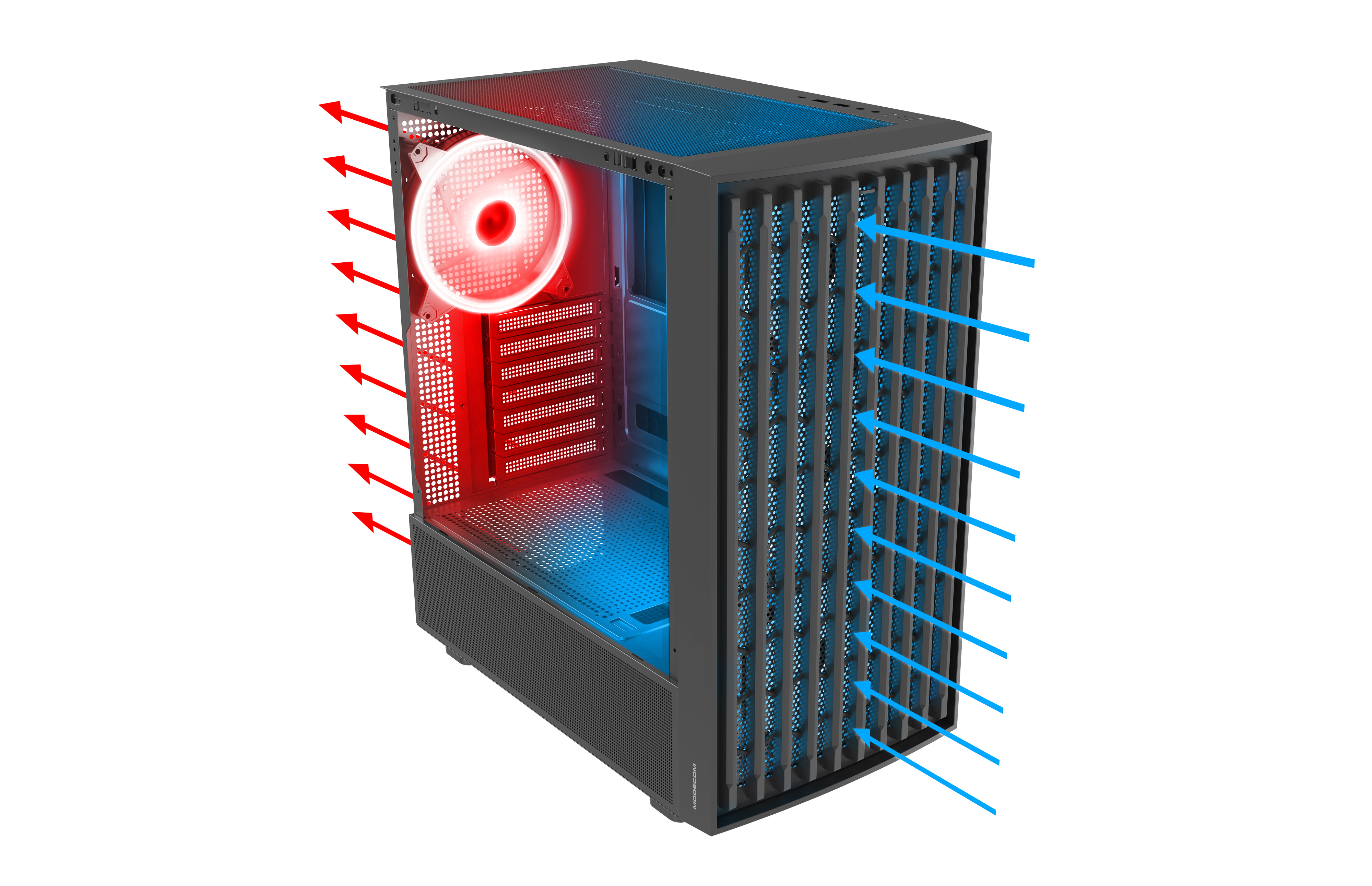 Czarna obudowa PC, strzałki przepływu powietrza czerwone i niebieskie. Przezroczysty panel boczny. Białe tło.