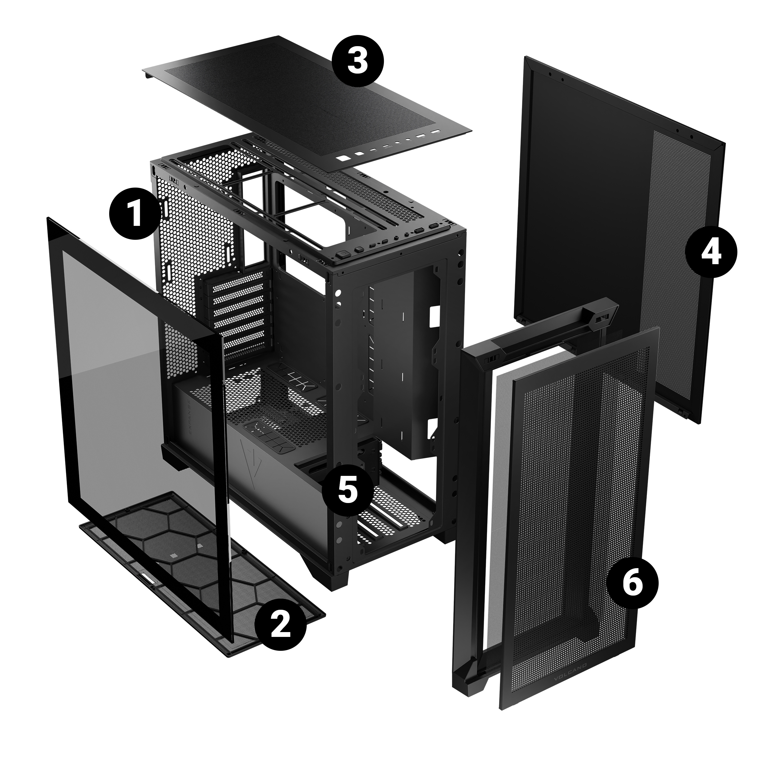 Widok rozstrzelony obudowy komputera, pokazujący różne części obudowy. Jest czarna i oznaczona.