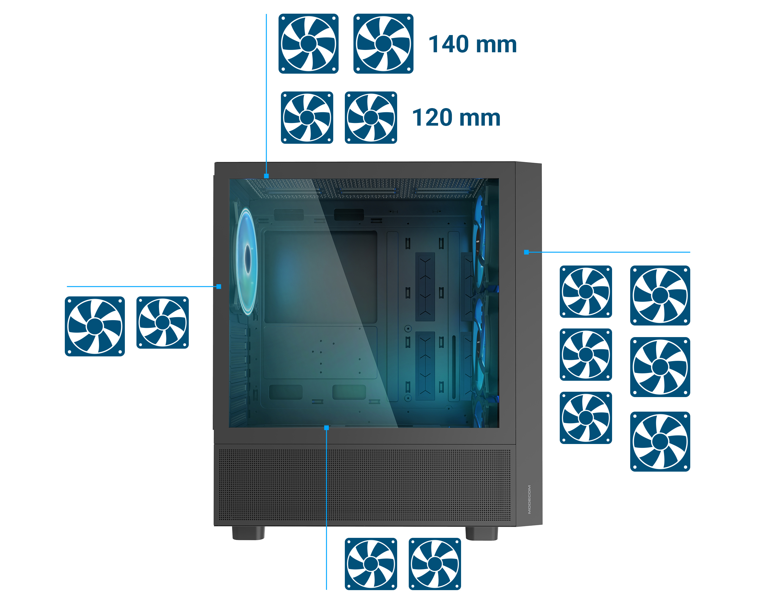Czarna obudowa PC z zaznaczonymi lokalizacjami wentylatorów. Przezroczysty panel boczny. Białe tło.
