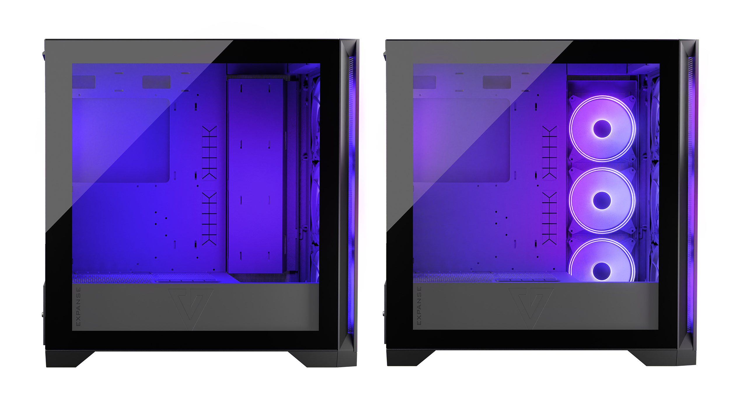Dwie obudowy PC obok siebie. Obie mają przezroczyste panele boczne. Fioletowe oświetlenie wewnętrzne.