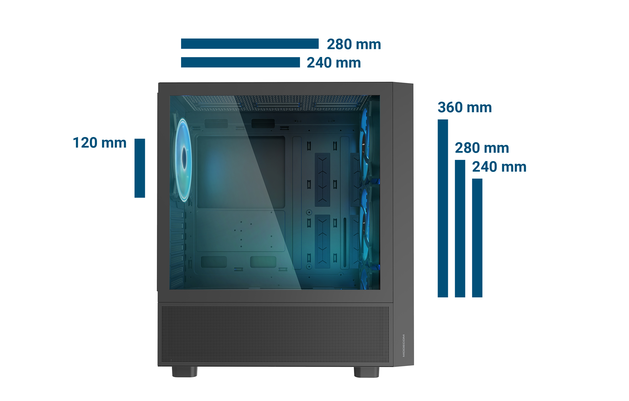 Czarna obudowa PC z wymiarami. Przezroczysty panel boczny. Niebieskie wentylatory. Białe tło.