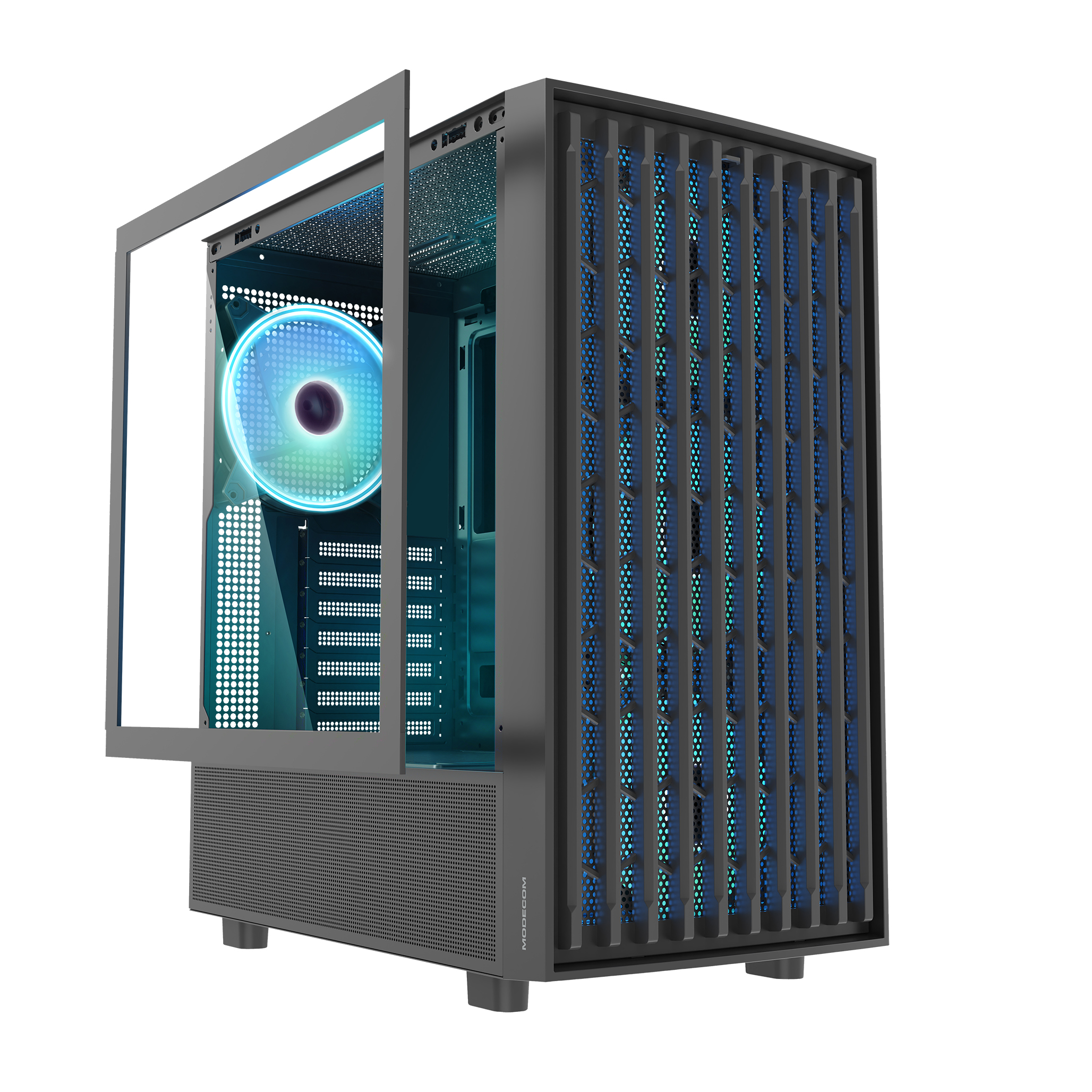 Czarna obudowa PC z otwartym panelem bocznym. Niebieskie i białe oświetlenie. Widoczne wentylatory. Białe tło.