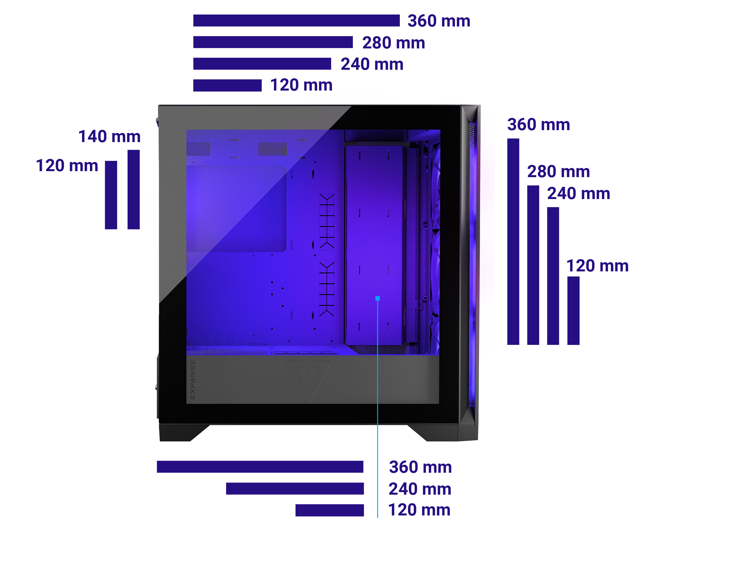 Obudowa PC z wymiarami, przezroczysty panel boczny. Fioletowe oświetlenie wewnątrz. Białe tło.