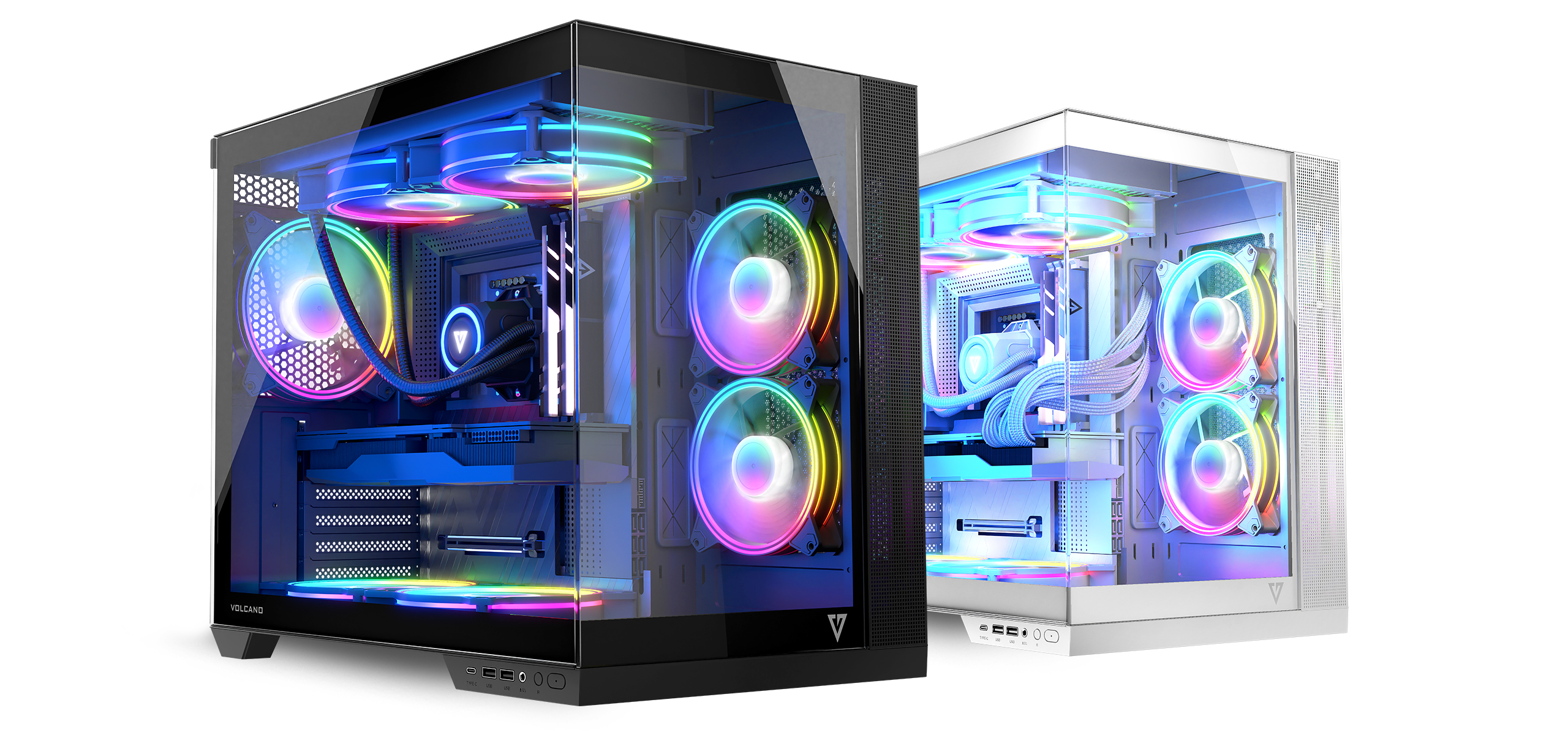 Dwie obudowy komputerowe, czarna i biała. Obie mają wentylatory RGB i przezroczyste boki.