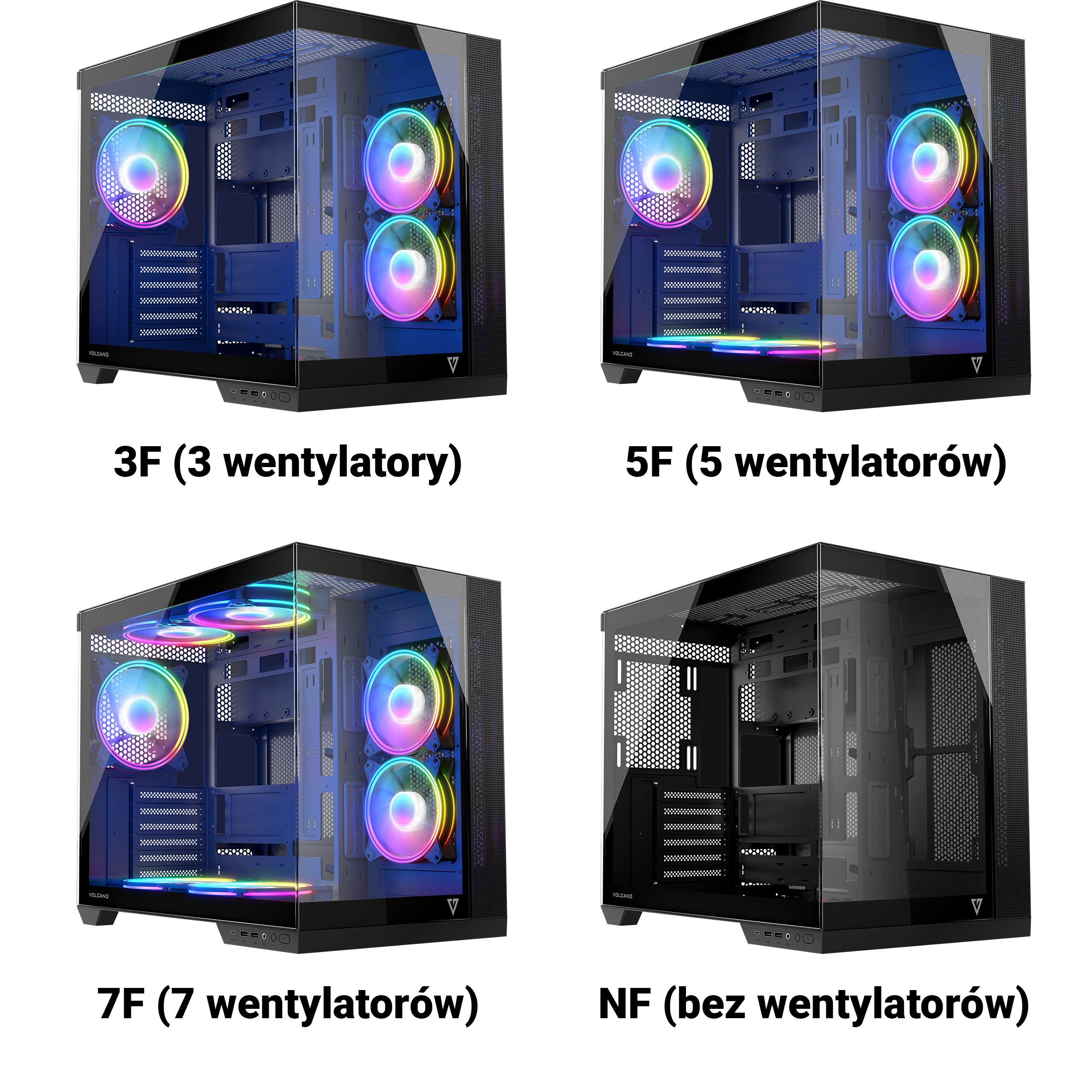 Cztery obudowy komputerowe. Każda z inną liczbą wentylatorów. Obudowy są czarne, z przezroczystymi bokami.