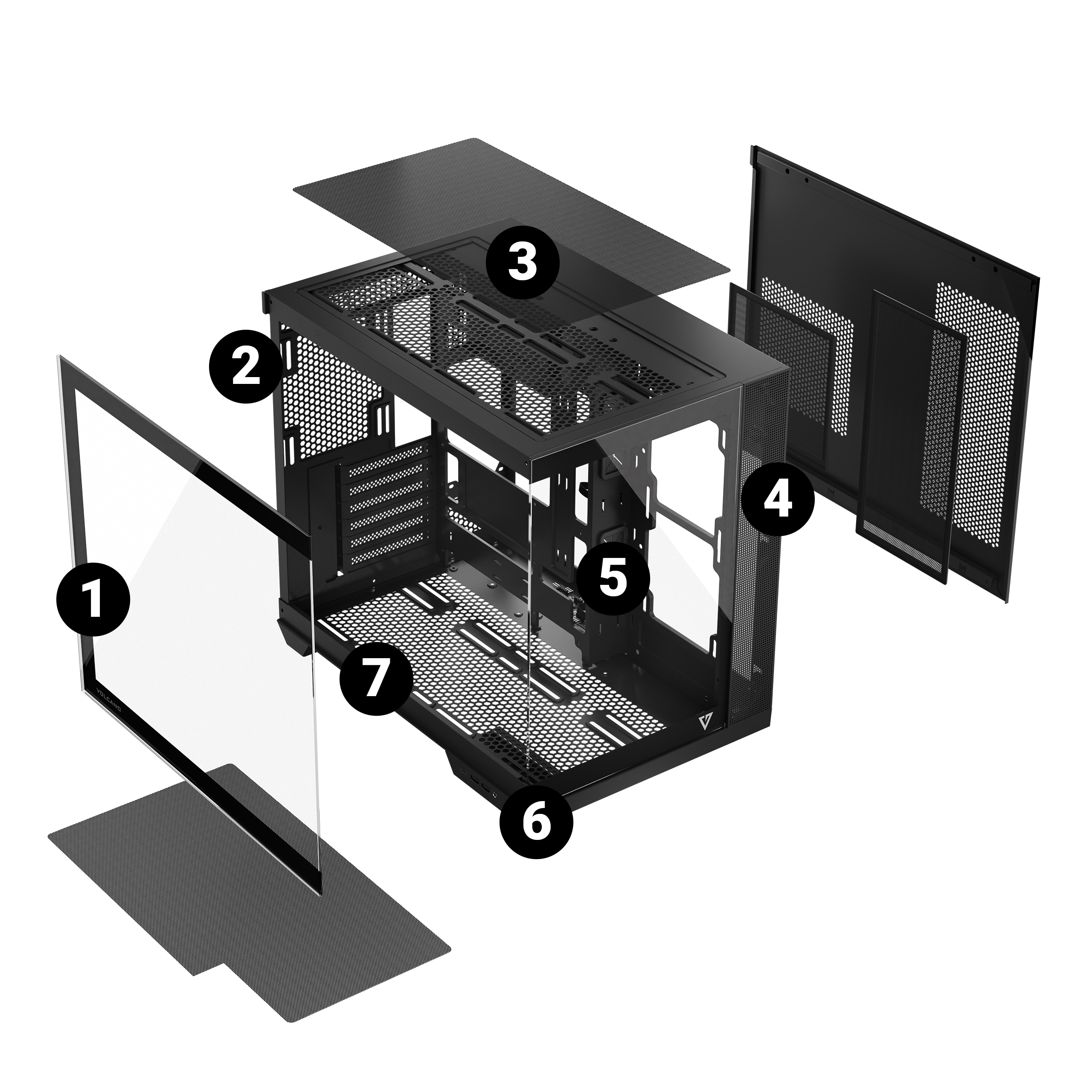 Widok rozstrzelony obudowy komputera. Pokazuje różne części obudowy, oznaczone numerami.