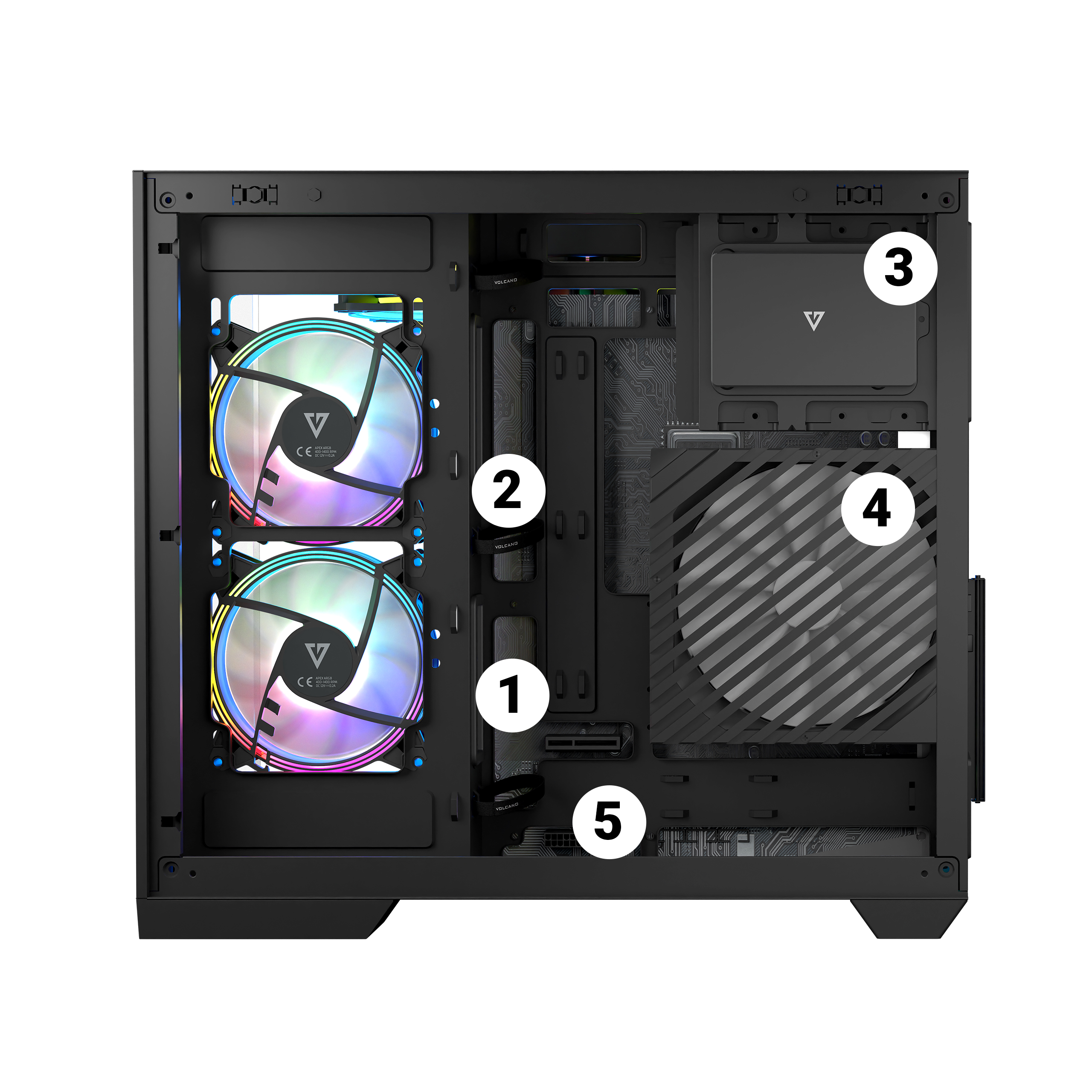 Widok wnętrza czarnej obudowy komputera. Pokazuje komponenty, oznaczone numerami. Posiada wentylatory.