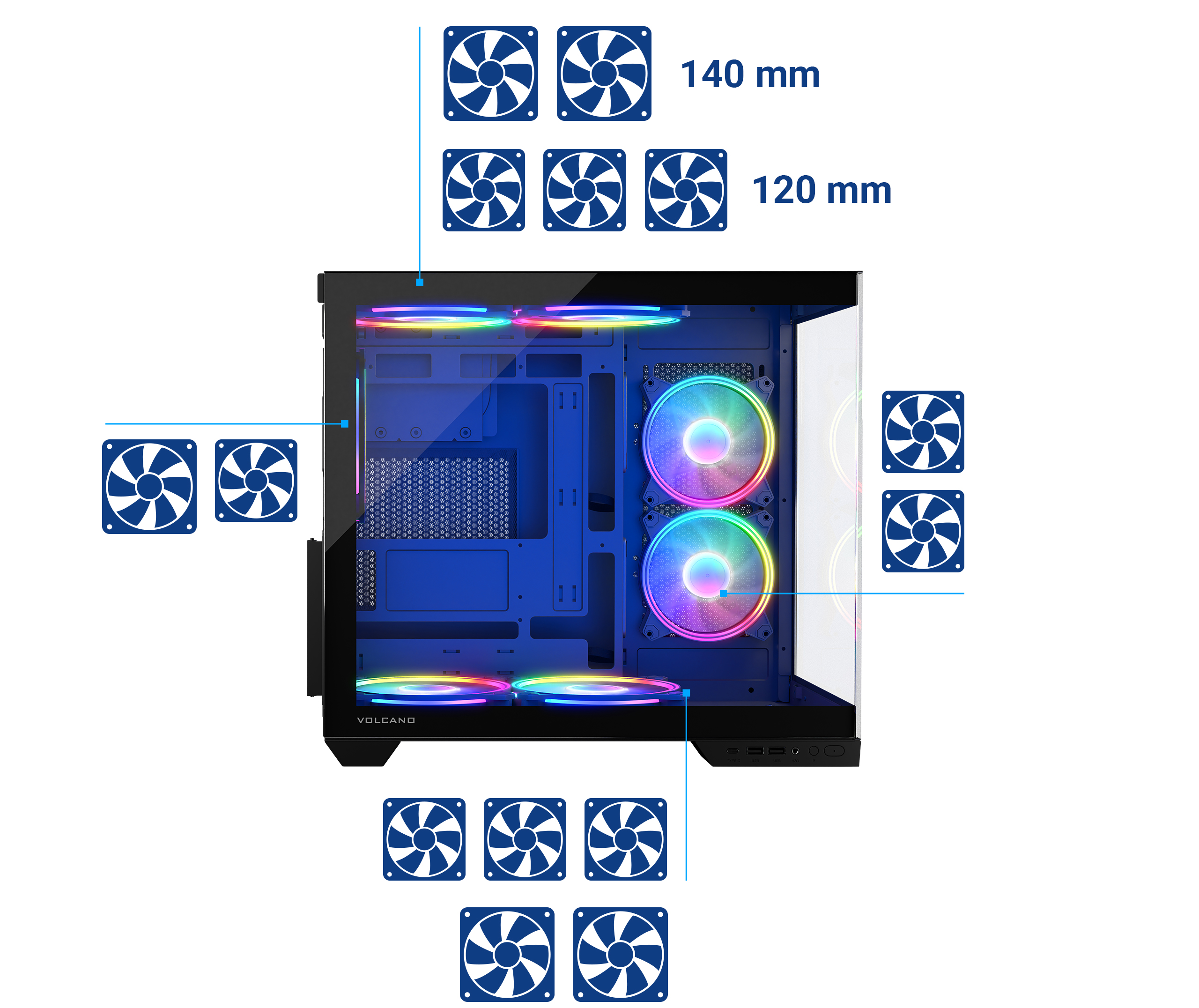 Obudowa PC z zaznaczonymi wentylatorami. Przezroczysty panel boczny. Białe tło.