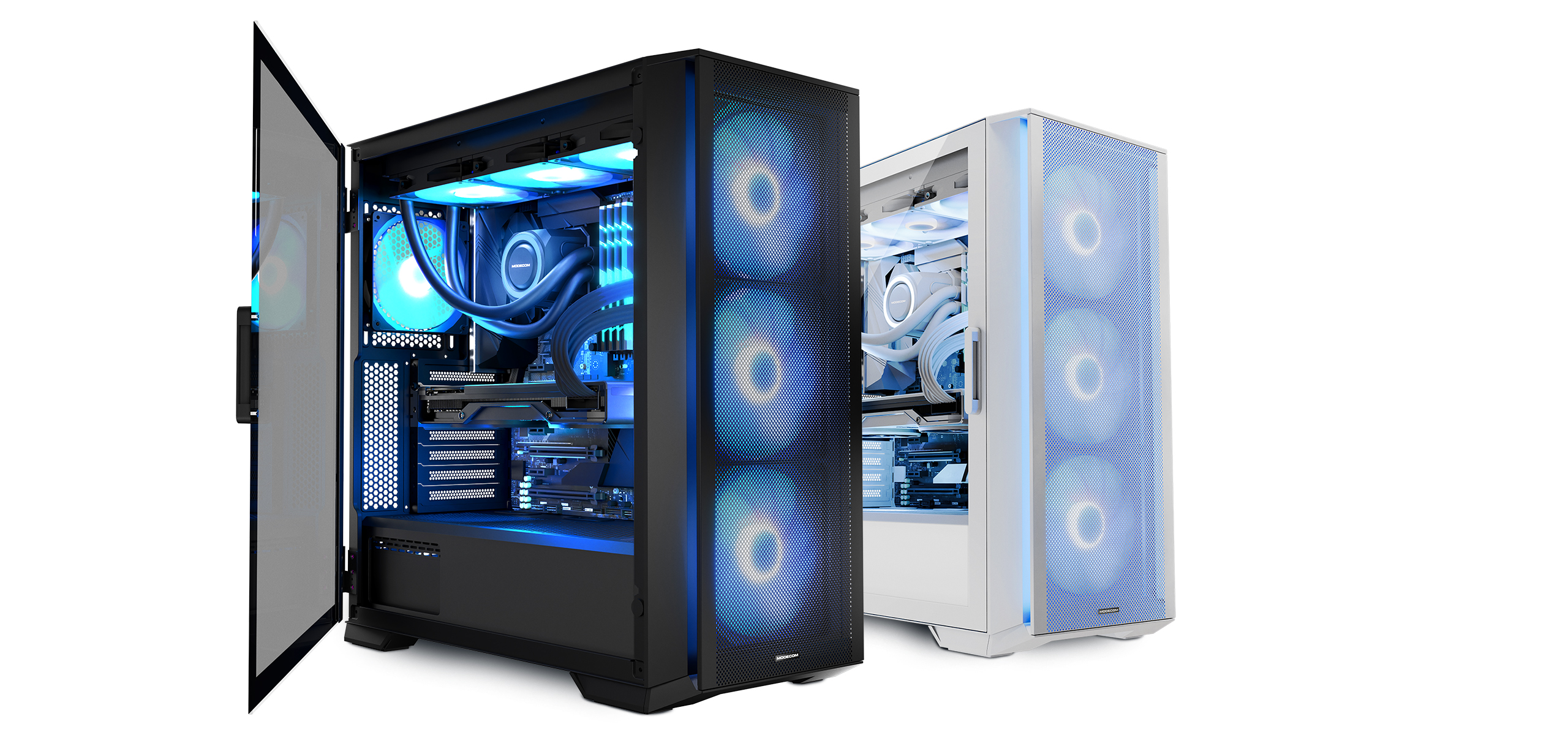 Dwie czarne i białe obudowy PC. Obie mają przezroczyste panele boczne. Widoczne komponenty wewnętrzne. Białe tło.