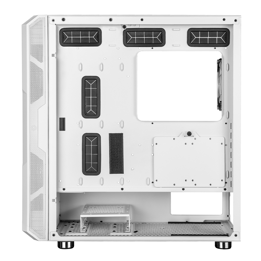 Wnętrze białej obudowy PC. Pokazuje punkty montażowe i szczegóły konstrukcyjne. Białe tło.