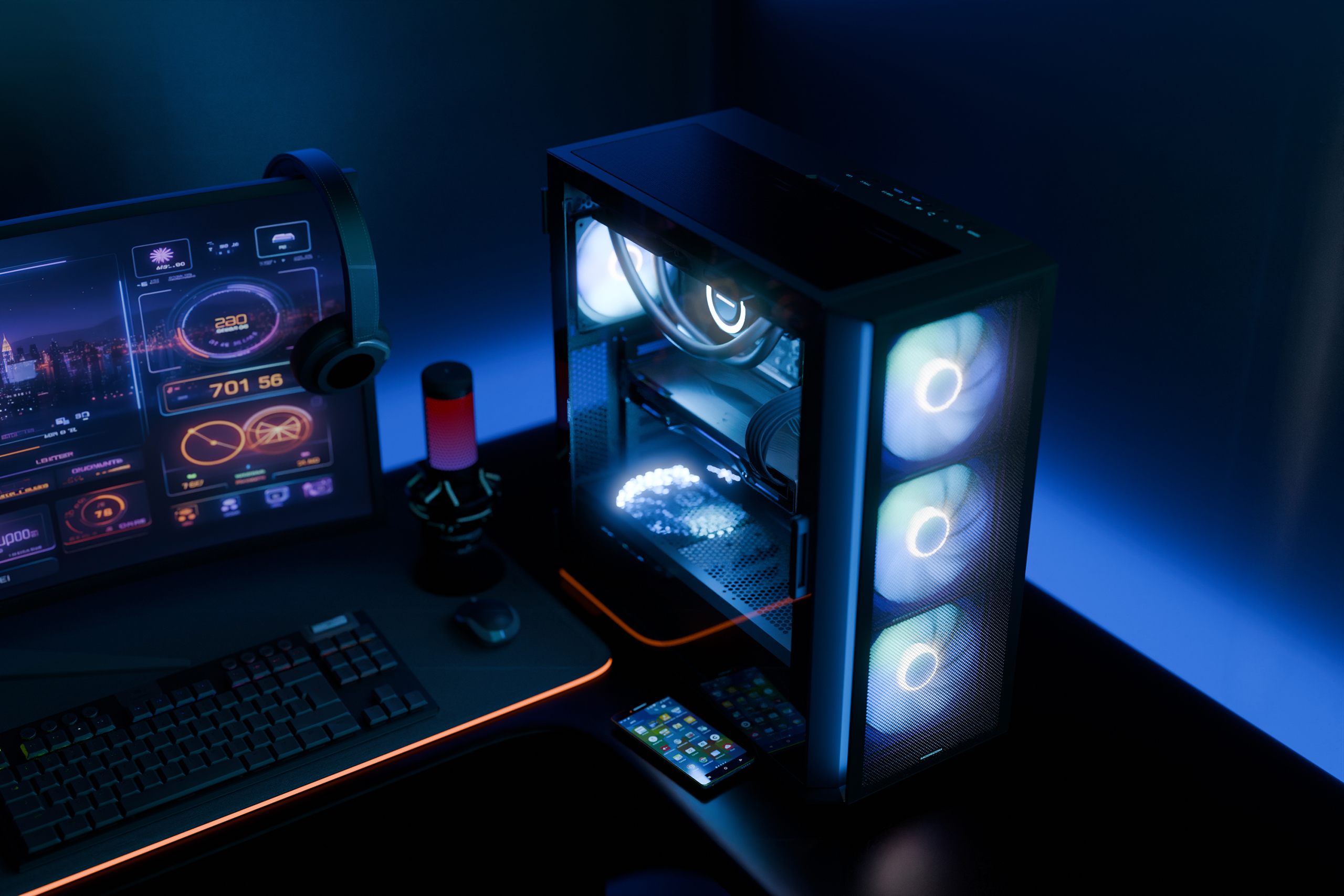 Konfiguracja PC do gier: monitor, klawiatura, zestaw słuchawkowy i obudowa komputera ze światłami.