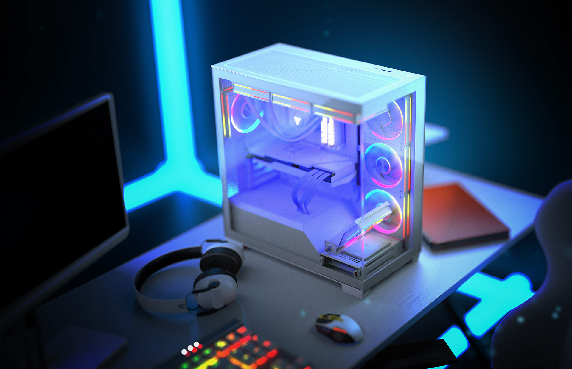 Biała obudowa komputera na biurku, z klawiaturą, słuchawkami i myszą. Światła RGB wewnątrz i na zewnątrz.