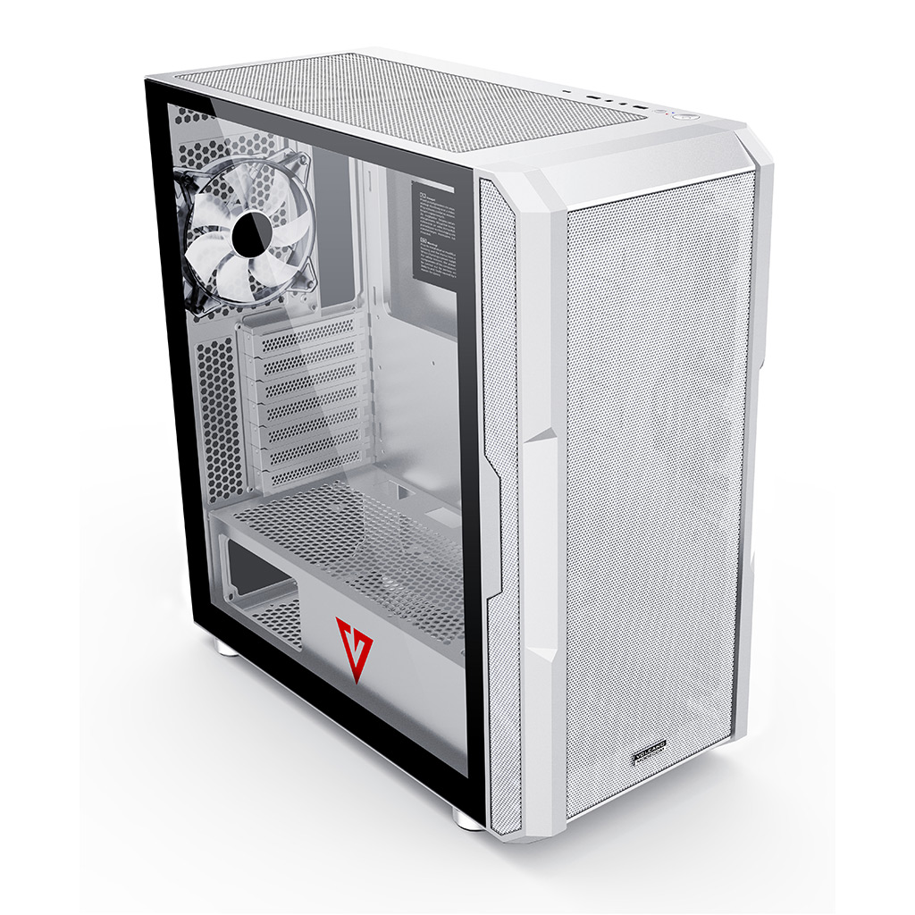 Biała obudowa komputera z siatkowym przodem i szklanym panelem bocznym, ustawiona na białej powierzchni.