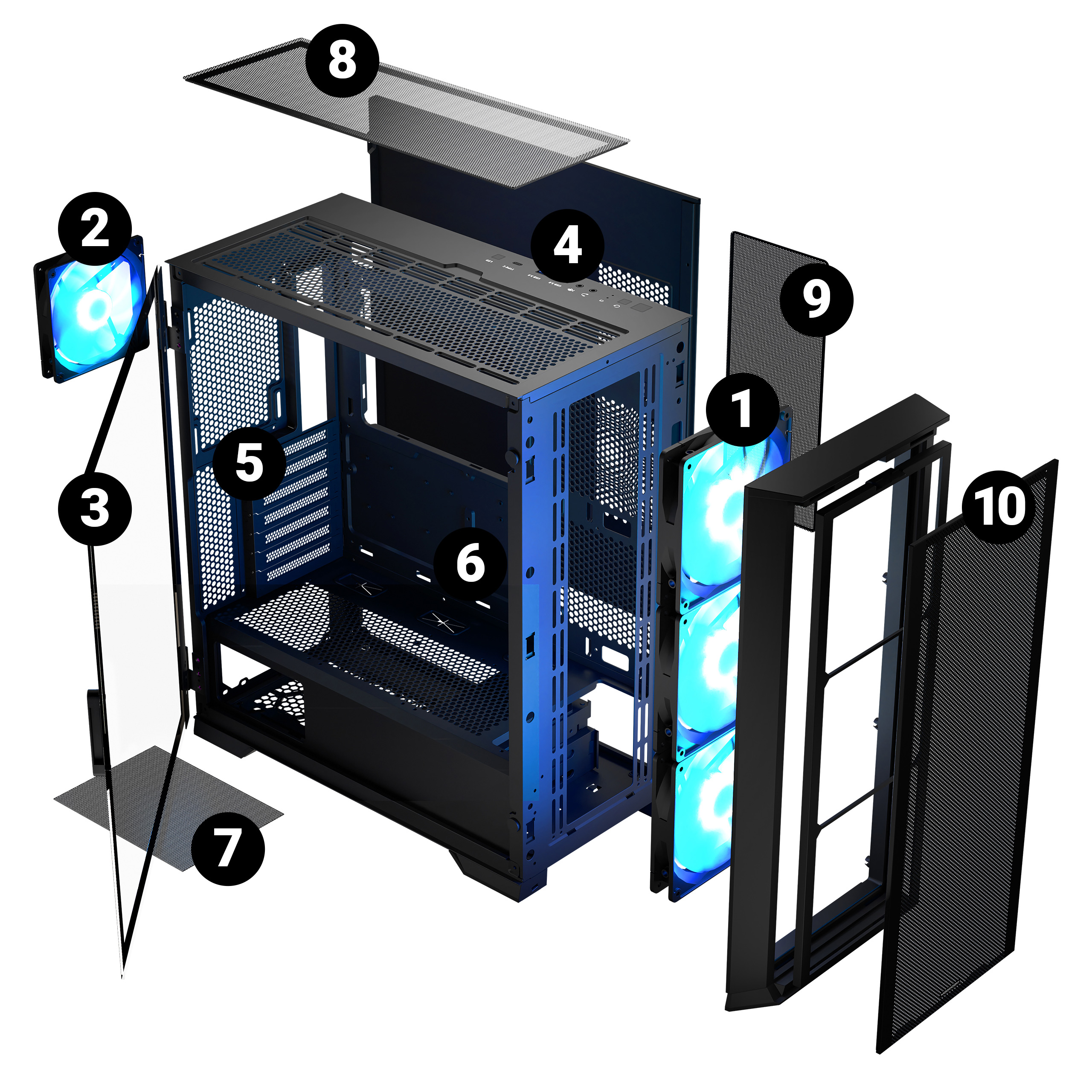 Widok rozstrzelony obudowy komputera z ponumerowanymi elementami: wentylatory, panel boczny, górna pokrywa i rama obudowy.