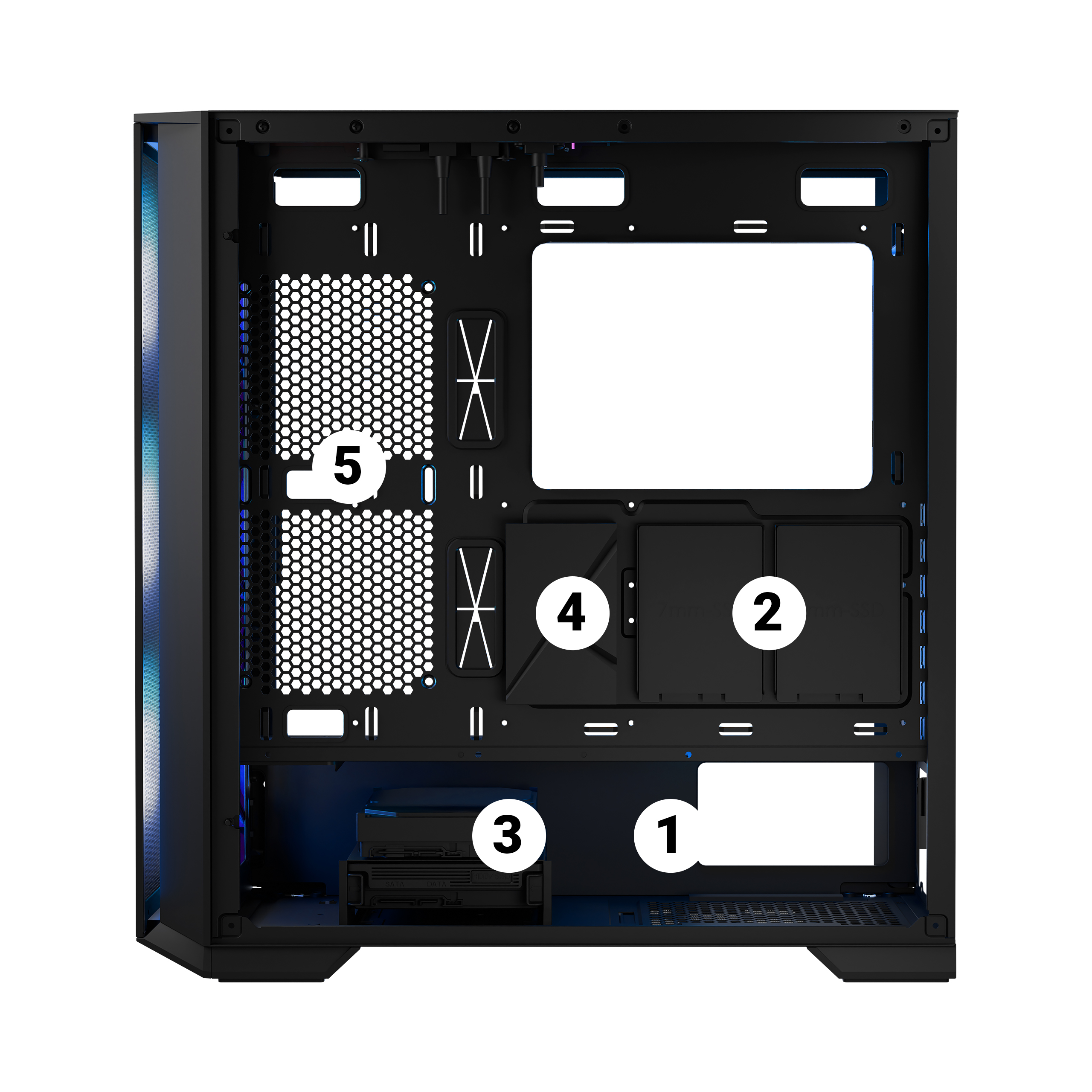 Wnętrze obudowy komputera. Ponumerowane sekcje: 1, 2, 3, 4, 5. Różne punkty montażowe. Czarne wnętrze.