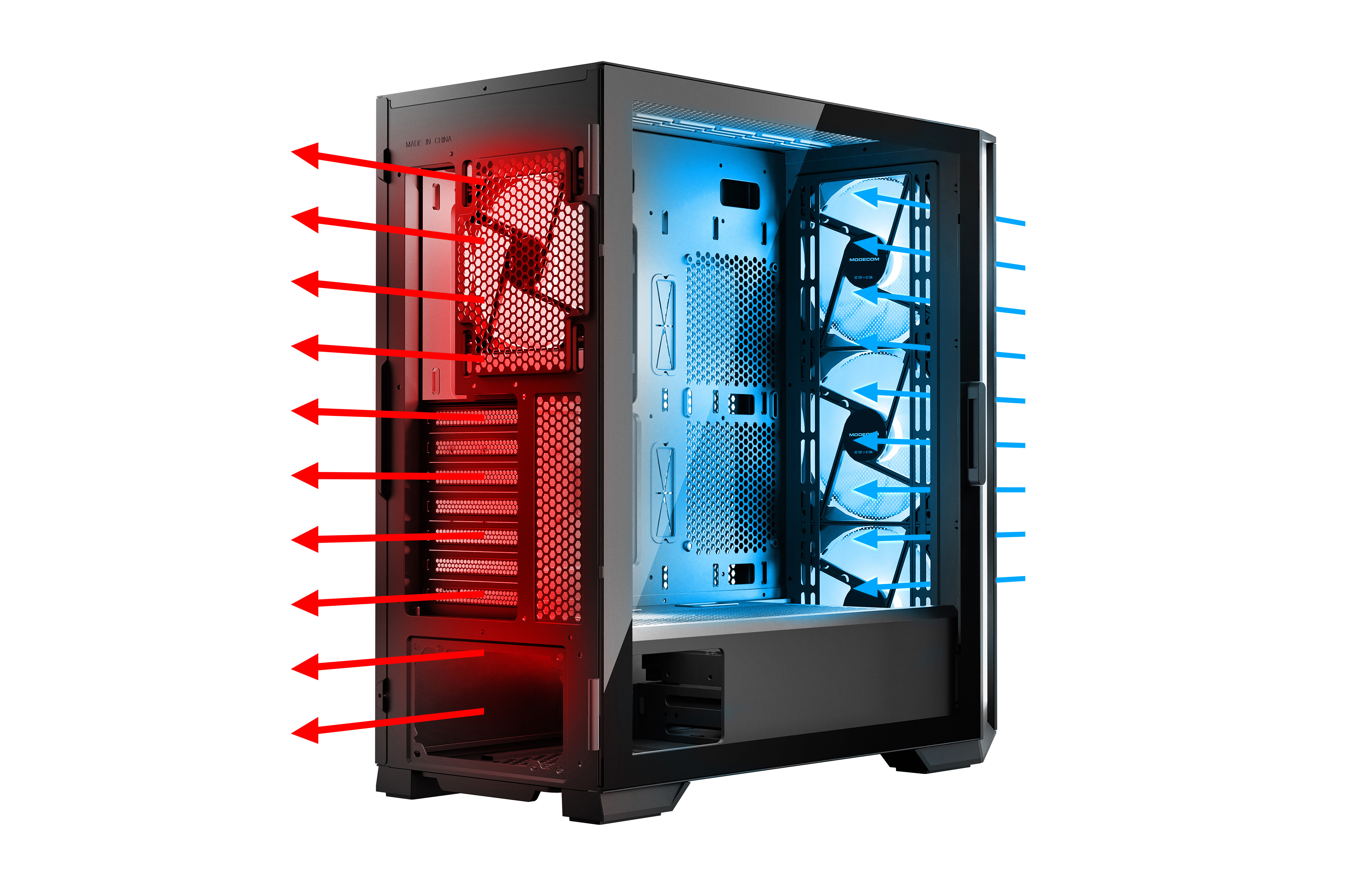 Obudowa komputera z czerwonymi/niebieskimi strzałkami. Czerwone strzałki oznaczają gorące powietrze. Niebieskie chłodne.