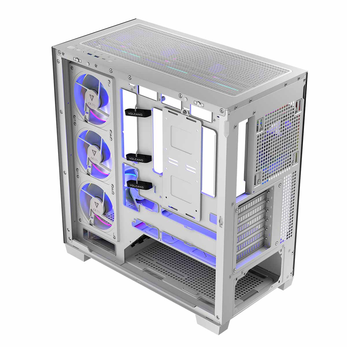 Biała obudowa komputera ze szklanym panelem, wentylatorami i komponentami wewnętrznymi, z góry.