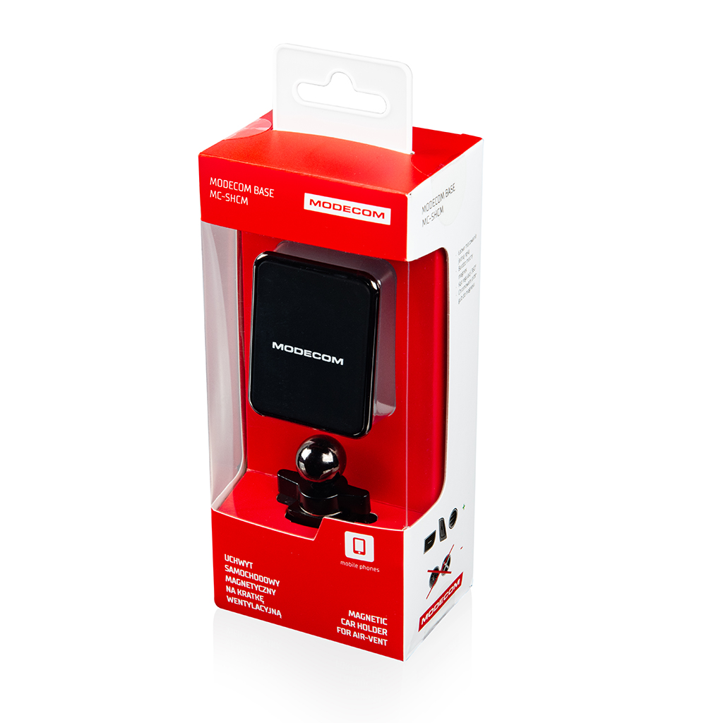 Zapakowany uchwyt samochodowy na telefon z magnetyczną podstawą, czarnym uchwytem i marką MODECOM.