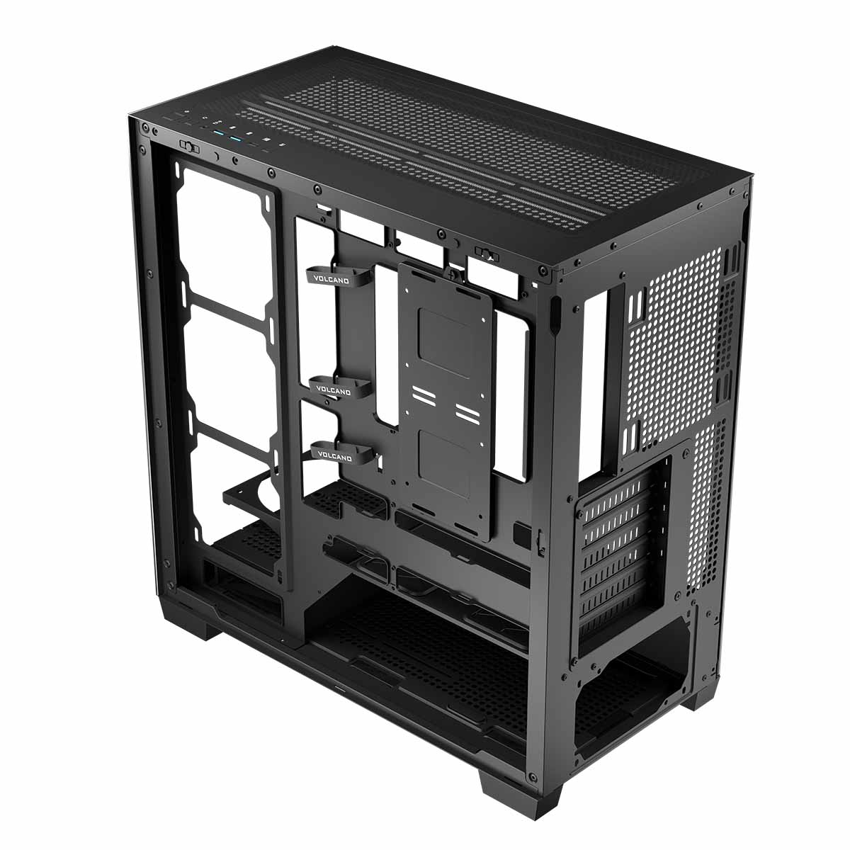 Czarna rama obudowy komputera, pokazująca wewnętrzną strukturę. Obudowa ma wiele punktów montażowych dla komponentów.