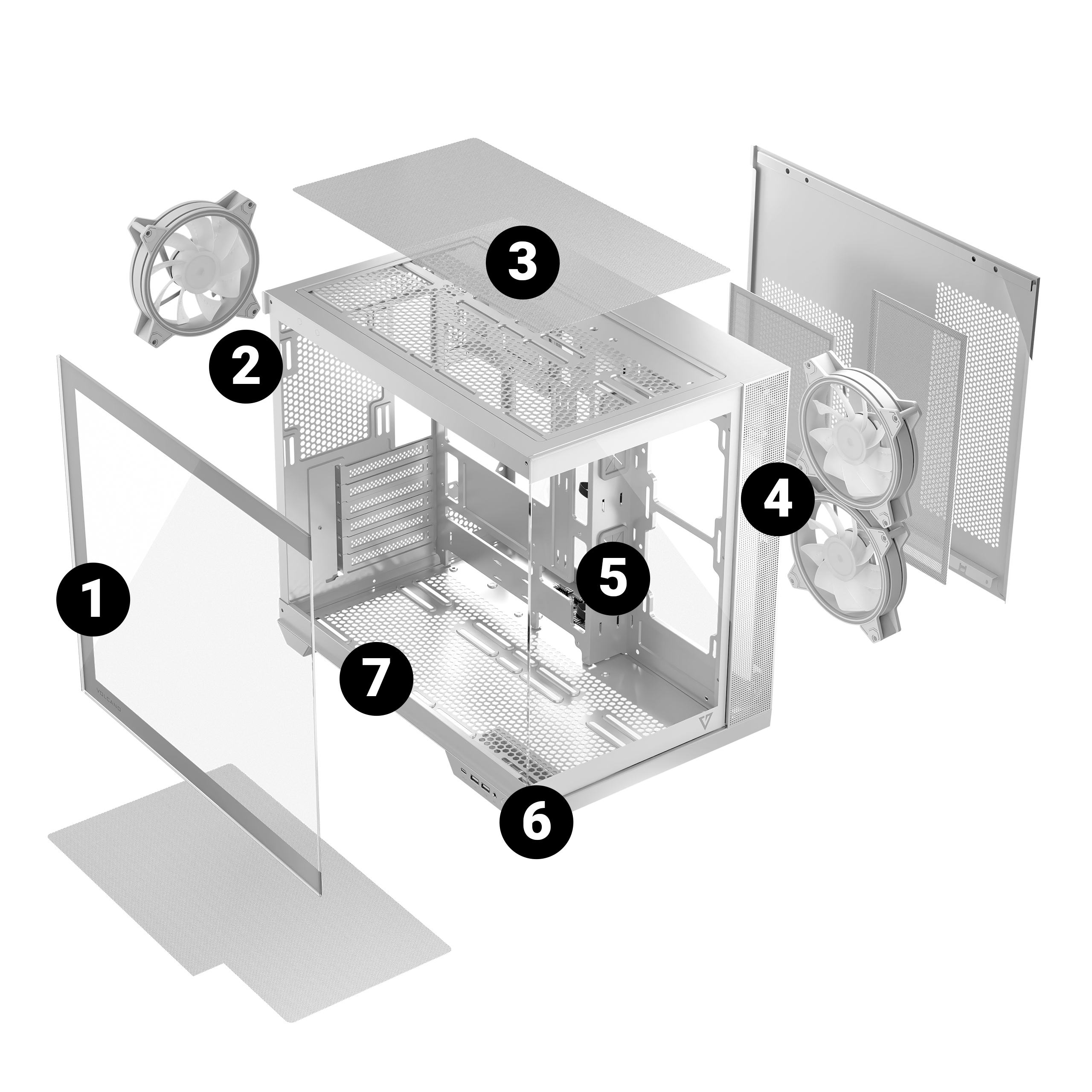 Widok rozstrzelony białej obudowy komputera. Pokazuje wentylatory, kratki i komponenty. Ponumerowane części.