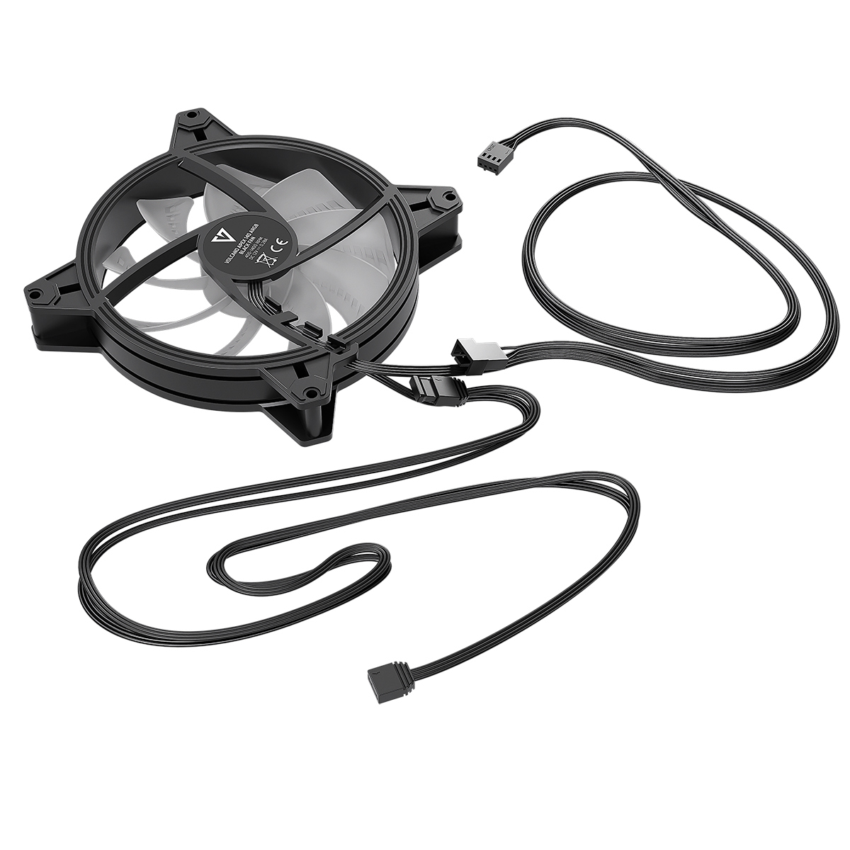 Czarny wentylator komputerowy z czarnymi kablami. Wentylator ma łopatki i centralne logo. Kable są podłączone.