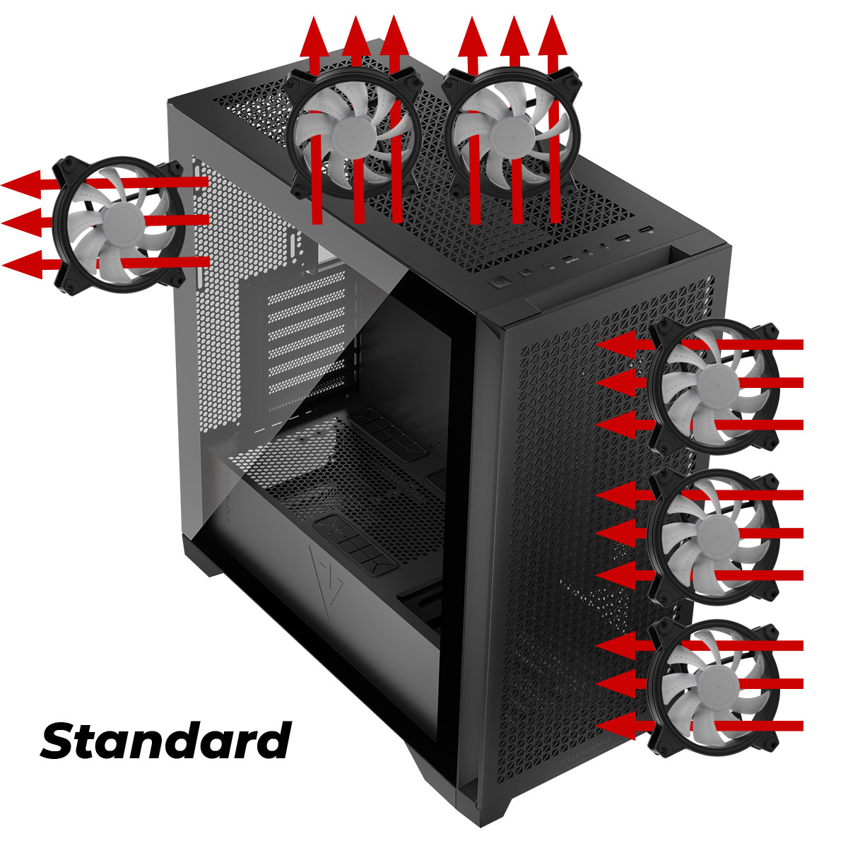 Czarna obudowa komputera ze strzałkami przepływu powietrza, demonstrująca rozmieszczenie wentylatorów. Strzałki pokazują kierunek przepływu.
