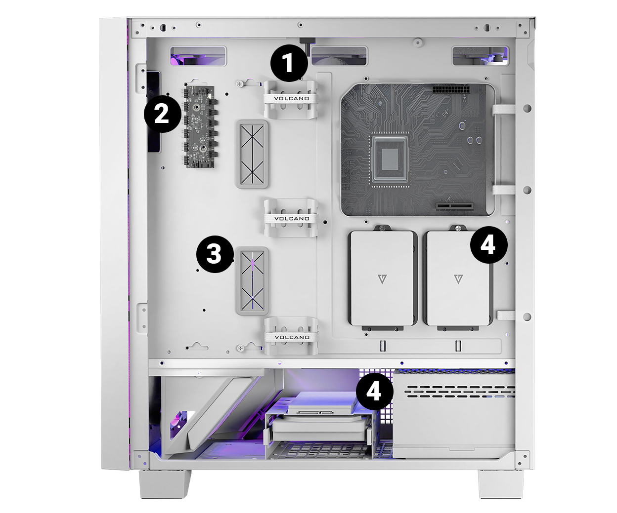 Widok wnętrza białej obudowy komputera. Pokazuje płytę główną, gniazda pamięci i inne komponenty.